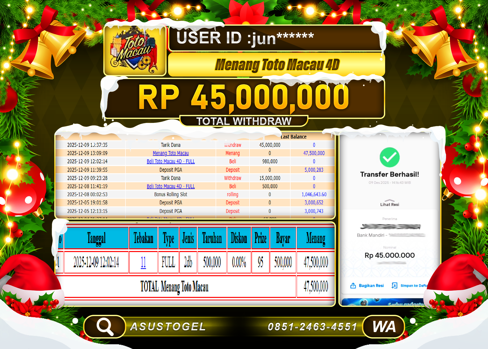 ASUSTOGEL KEMENANGAN DI TOGEL TOTO MACAU 4D  SEBESAR 45,000,000 - RUPIAH LUNAS