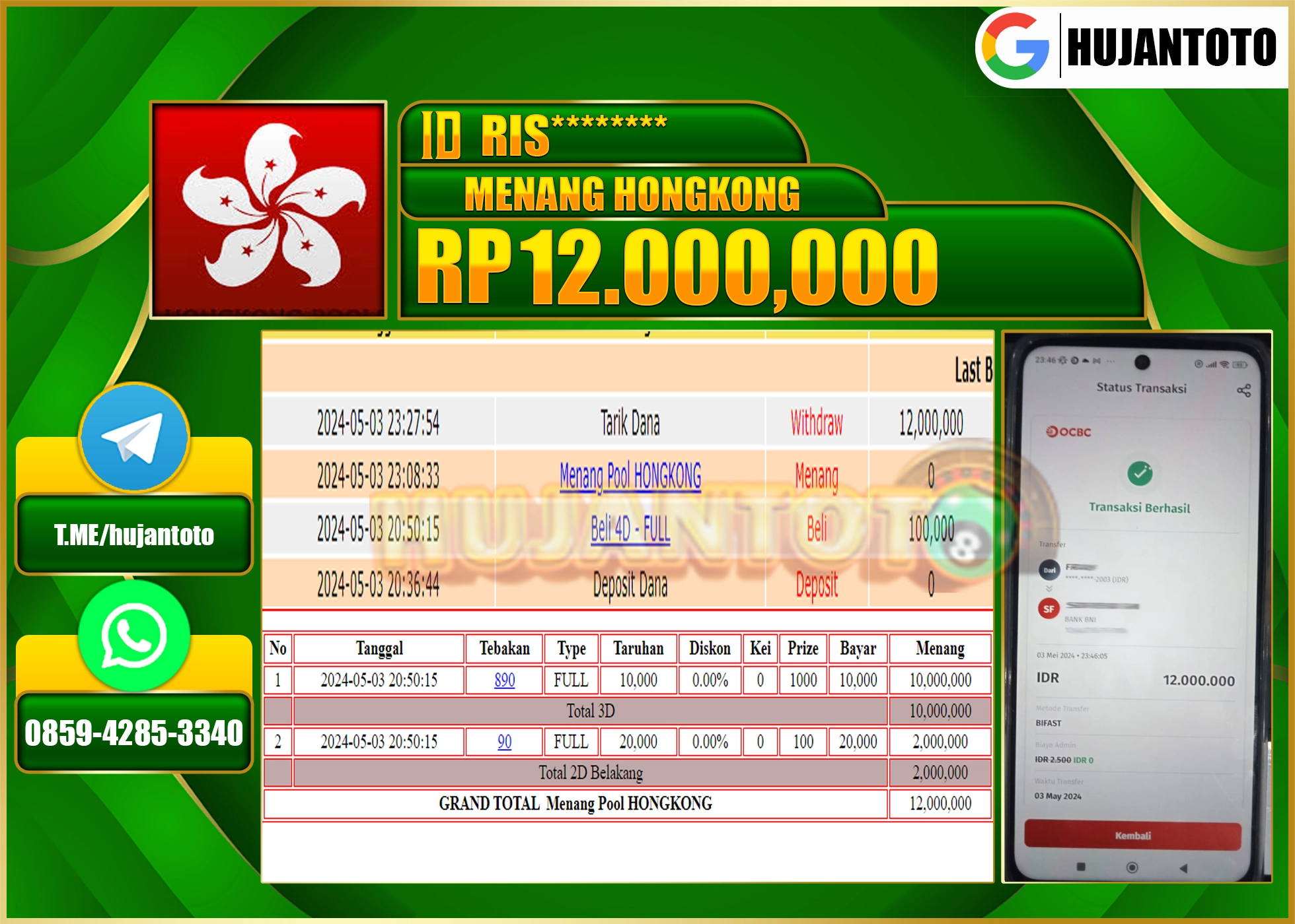 HUJANTOTO MENANG HONGKONG POOLS 12.000.000 - LUNAS 
