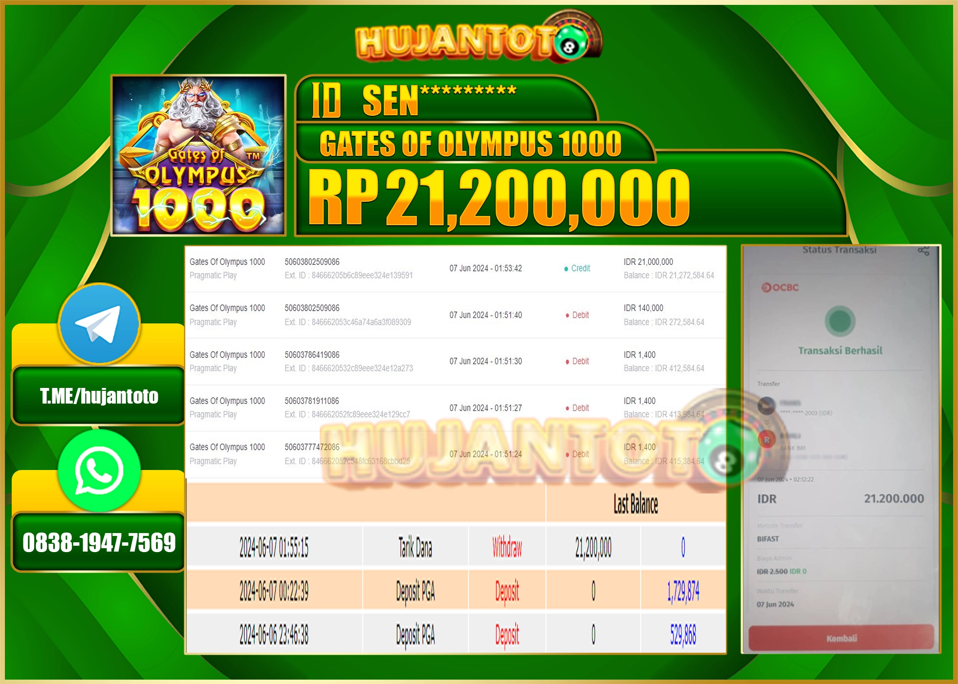 HUJANTOTO MENANG SLOT GATES OF OLYMPUS(1000) 21.200.000 - LUNAS 