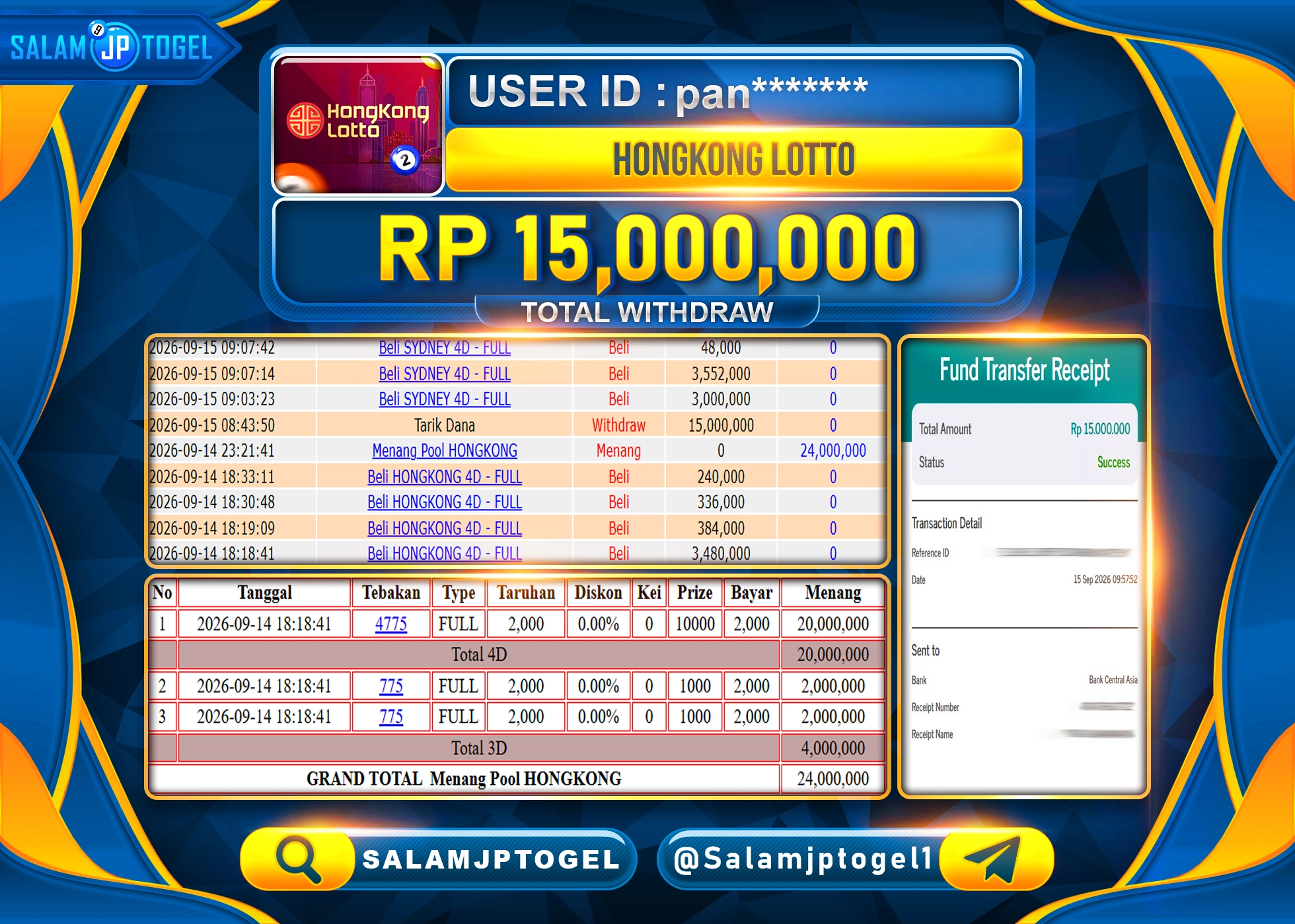SALAMJPTOGEL JACKPOT MENANG TOGEL HONGKONG LOTTO Rp.15,000,000 - LUNAS