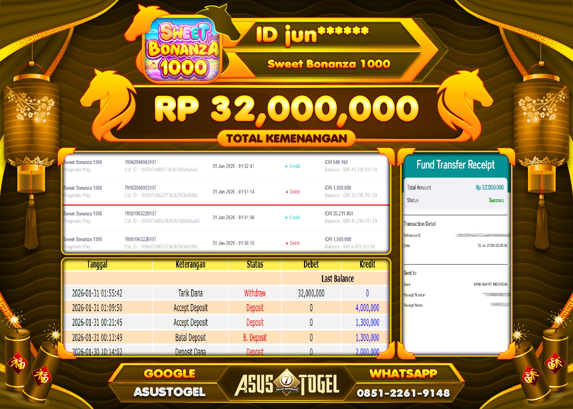 ASUSTOGEL KEMENANGAN DI SLOT SWEET BONANZA 1000 SEBESAR 32,000,000 - RUPIAH LUNAS