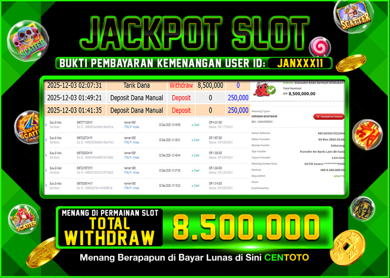 BUKTI JACKPOT SLOT CENTOTO  RP.10.500.000,-LUNAS