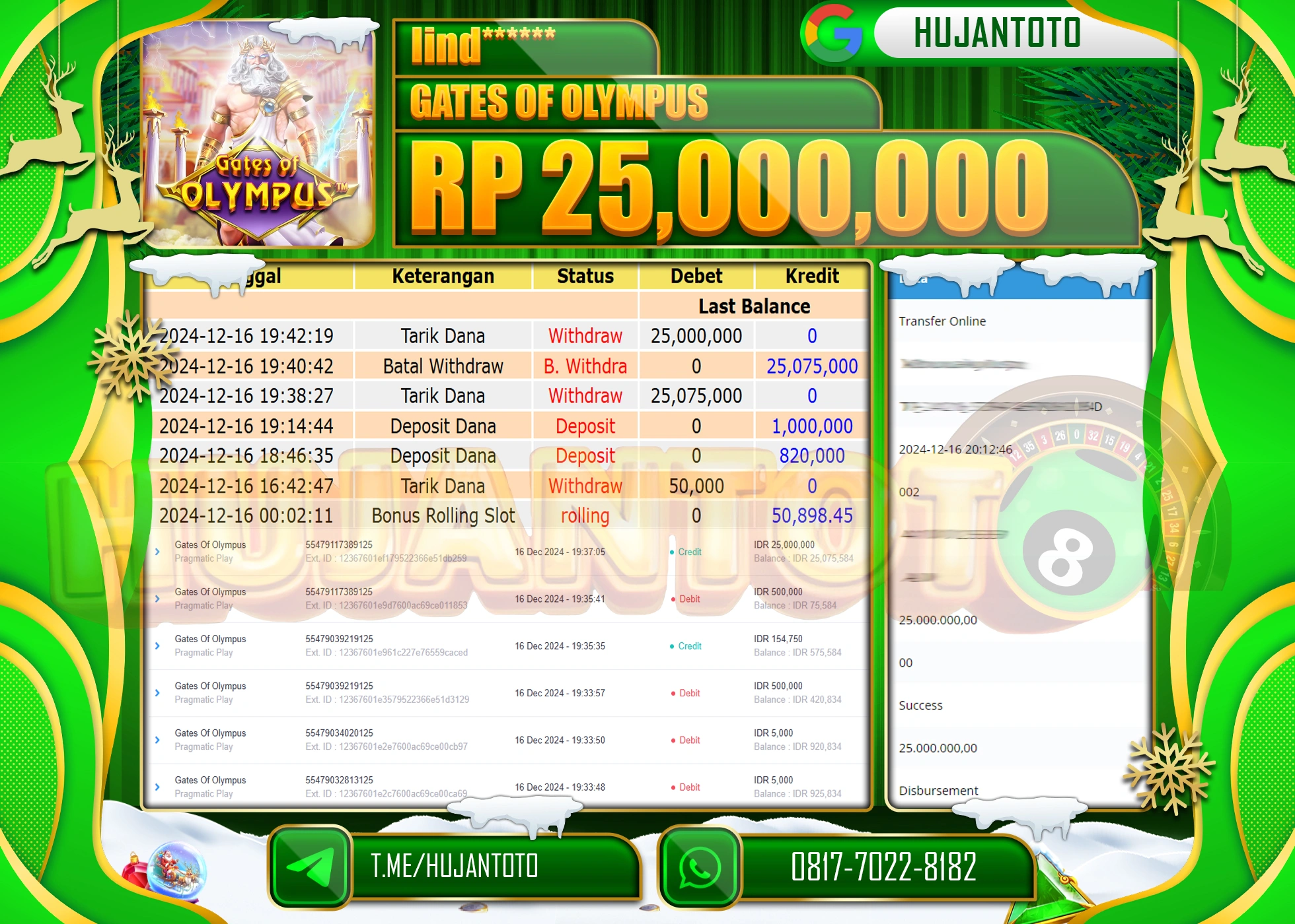 HUJANTOTO ATAS KEMENANGAN BESAR YANG DI RAIH DI PERMAINA SLOT GATES OF OLYMPUS SEBESAR  - 25,000,000 - TERBAYAR LUNAS