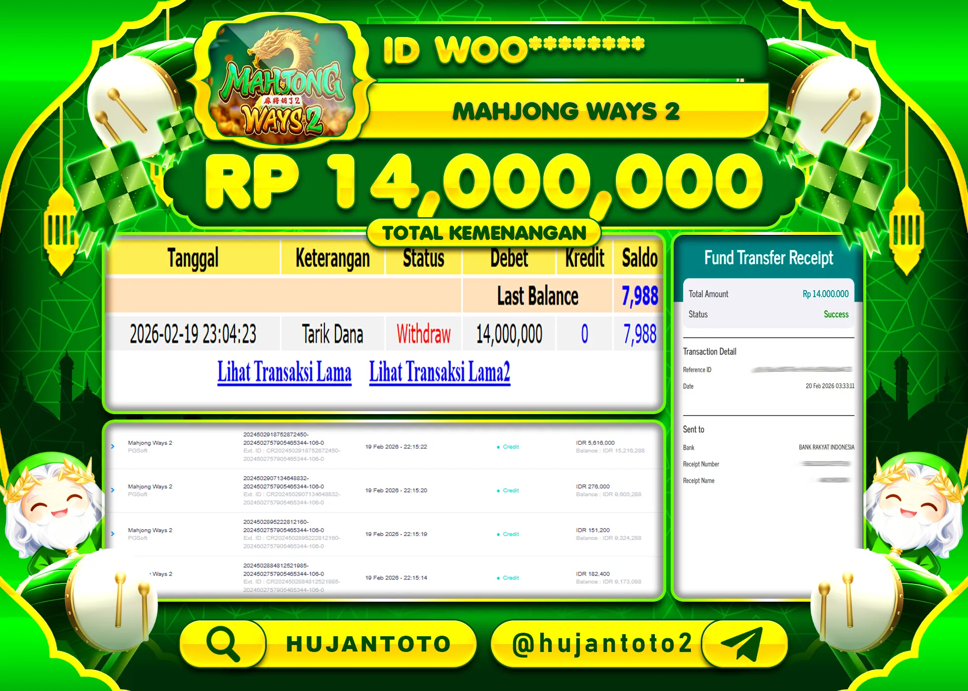 HUJANTOTO - BUKTI JACKPOT MENANG SLOT MAHJONG WAYS 2 Rp.14,000,000 - TERBAYAR LUNAS