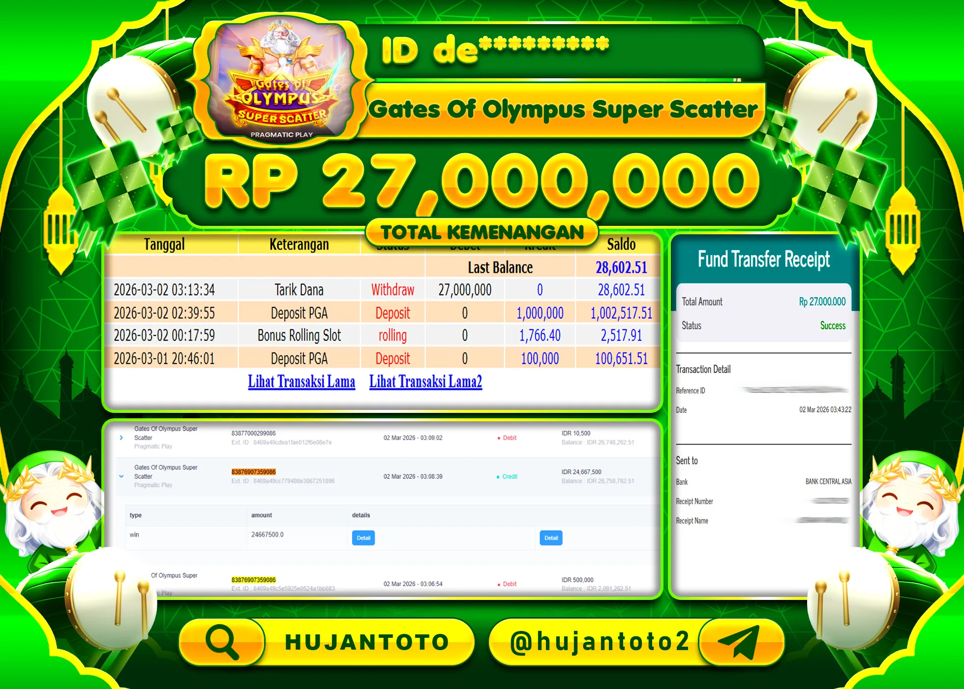 HUJANTOTO - BUKTI JACKPOT MENANG SLOT GATES OF OLYMPUS SUPER SCATTER Rp.27,000,000 - TERBAYAR LUNAS