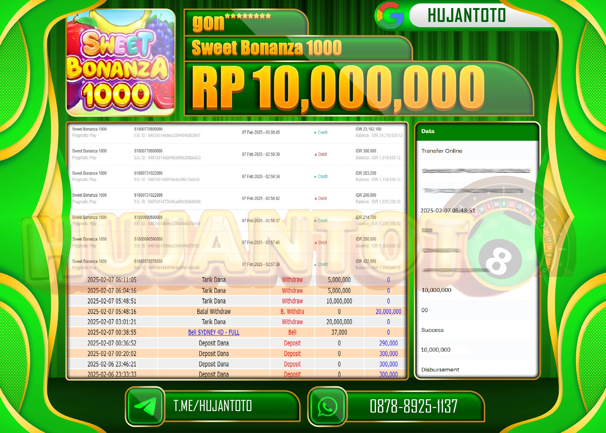HUJANTOTO - BUKTI JACKPOT MENANG SLOT SWEET BONANZA 1000 Rp,10,000,000 - TERBAYAR LUNAS