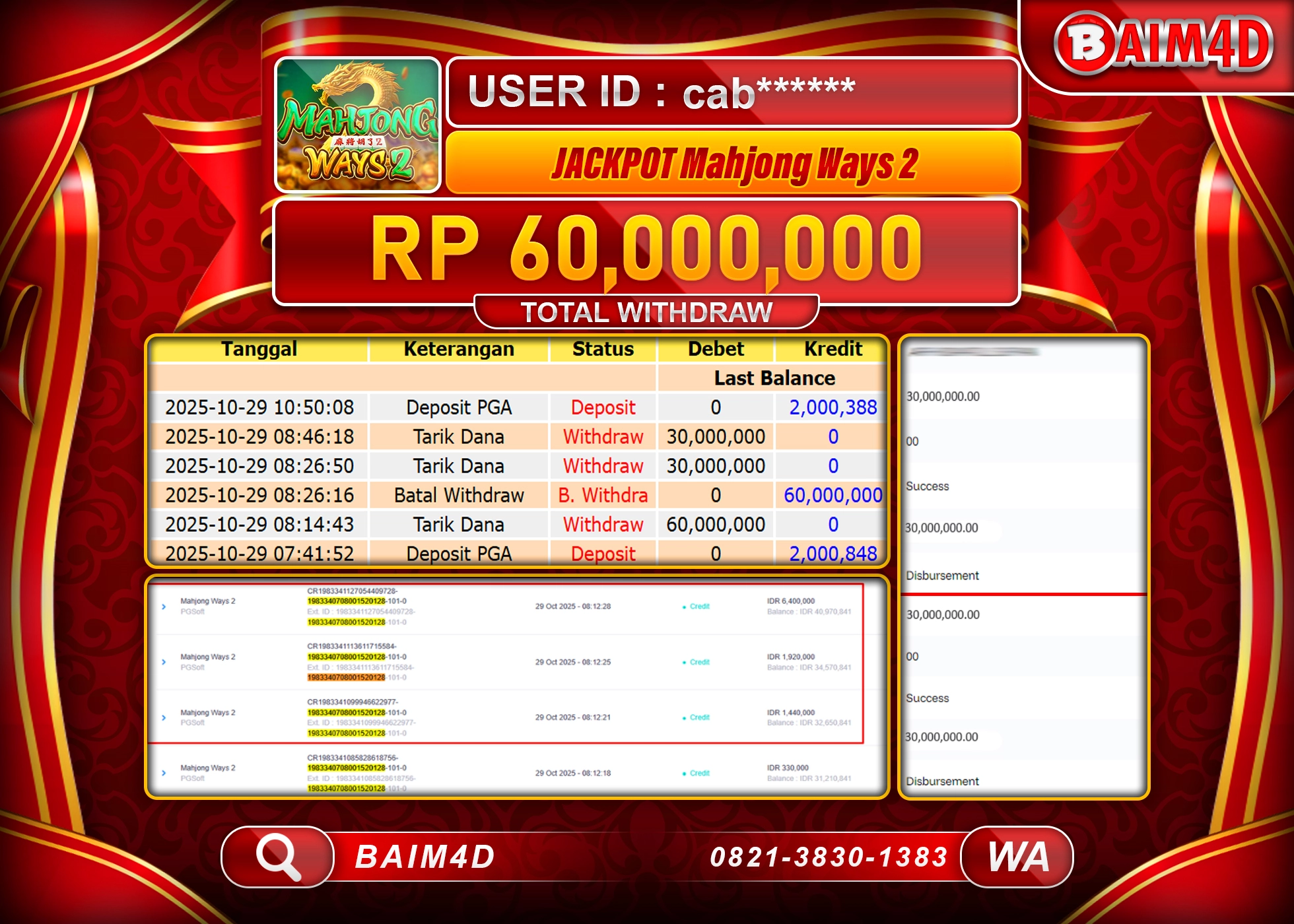 BAIM4D JACKPOT SLOT MAHJONG WAYS 2 PG SOFT Rp.60,000,000- LUNAS