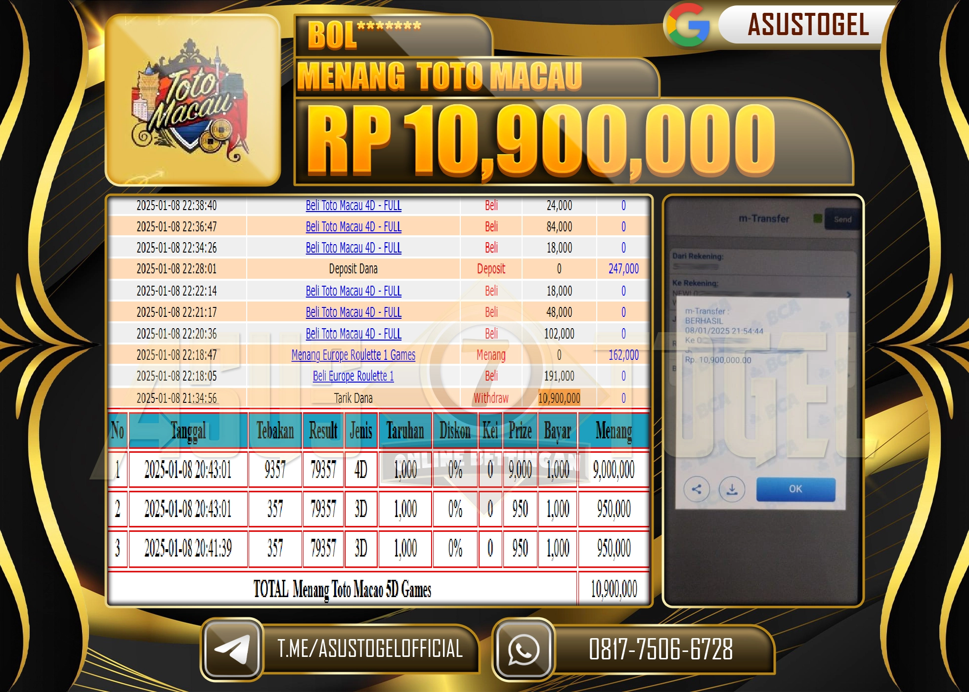 ASUSTOGEL KEMENANGAN DI TOGEL TOTO MACAU 4D SEBESAR 10,900,000- RUPIAH LUNAS