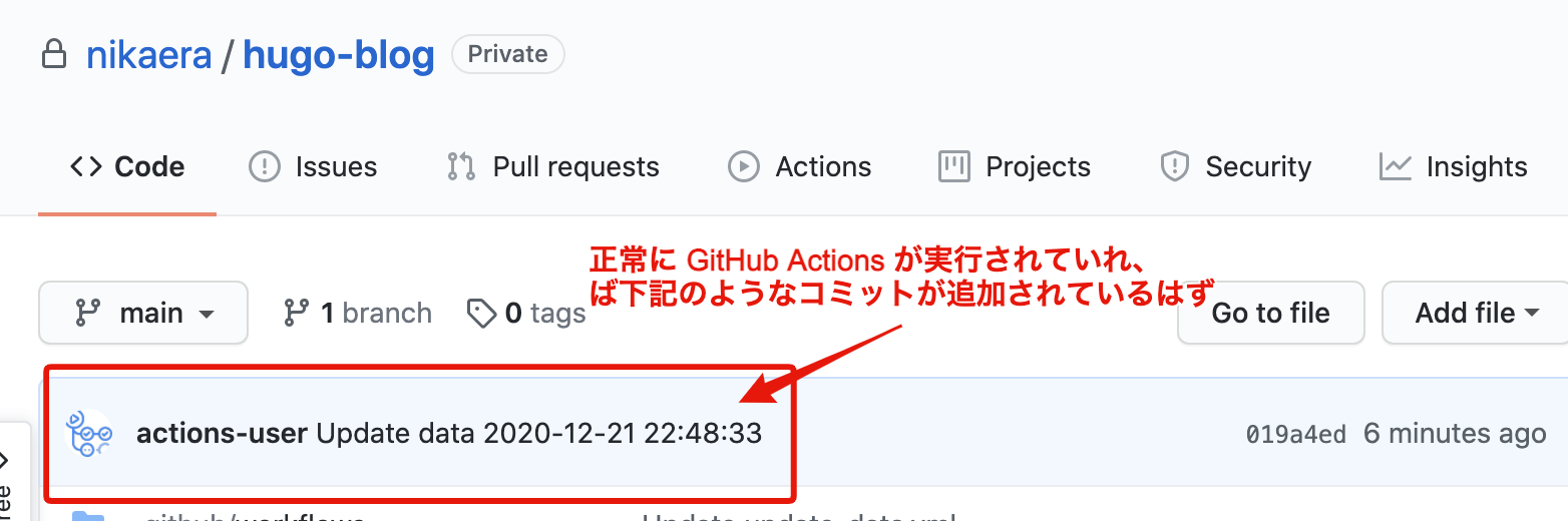 GitHub Actions が JSON ファイルを更新してコミットしている
