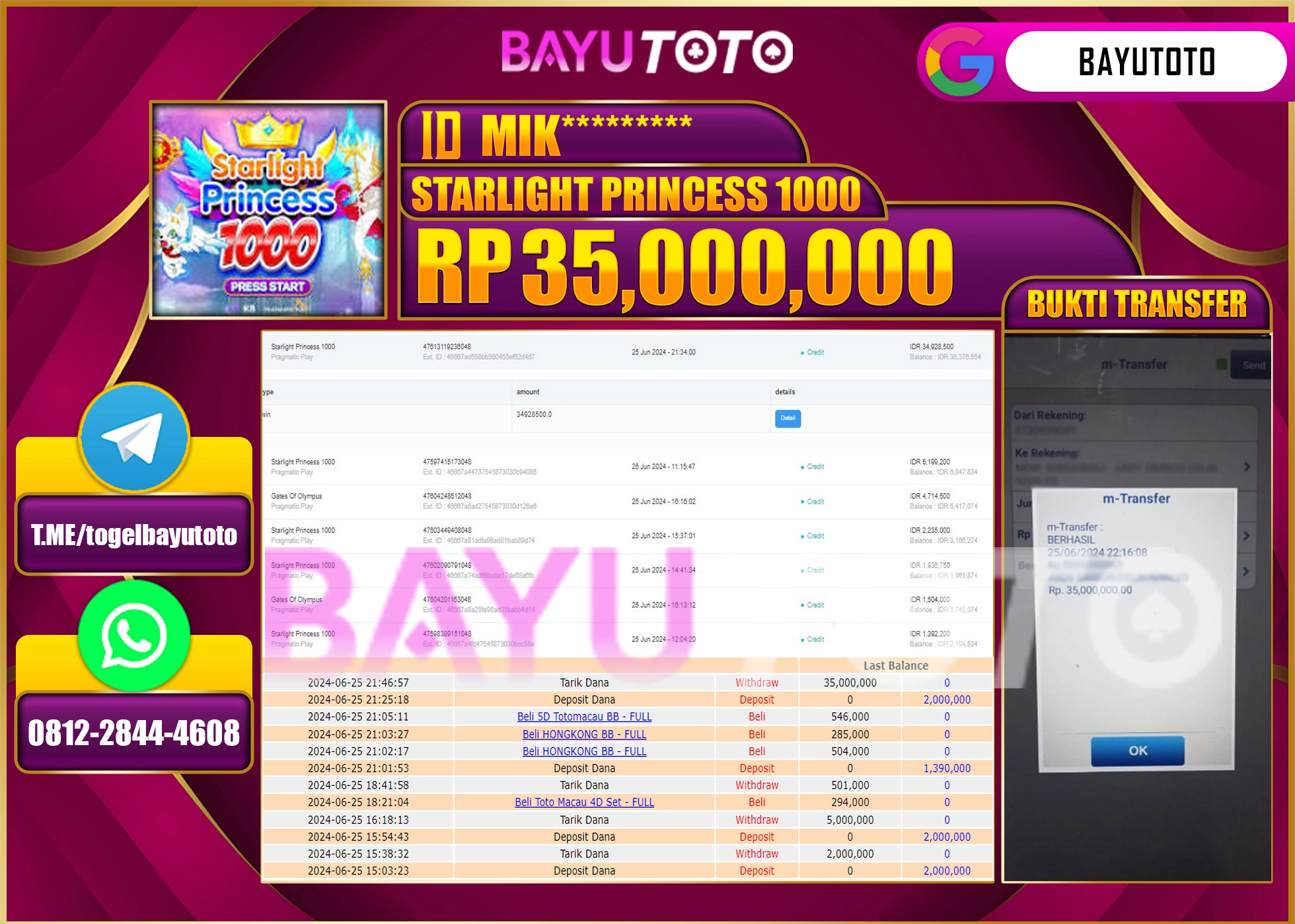 BAYUTOTO JACKPOT SLOT GAMES STARLIGHT PRINCESS 1000 Rp.35.000.00 LUNAS