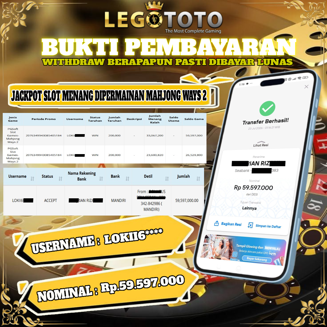  🏆 BUKTI KEMENANGAN MEMBER LEGOTOTO MAHJONG WINS 2 🏆