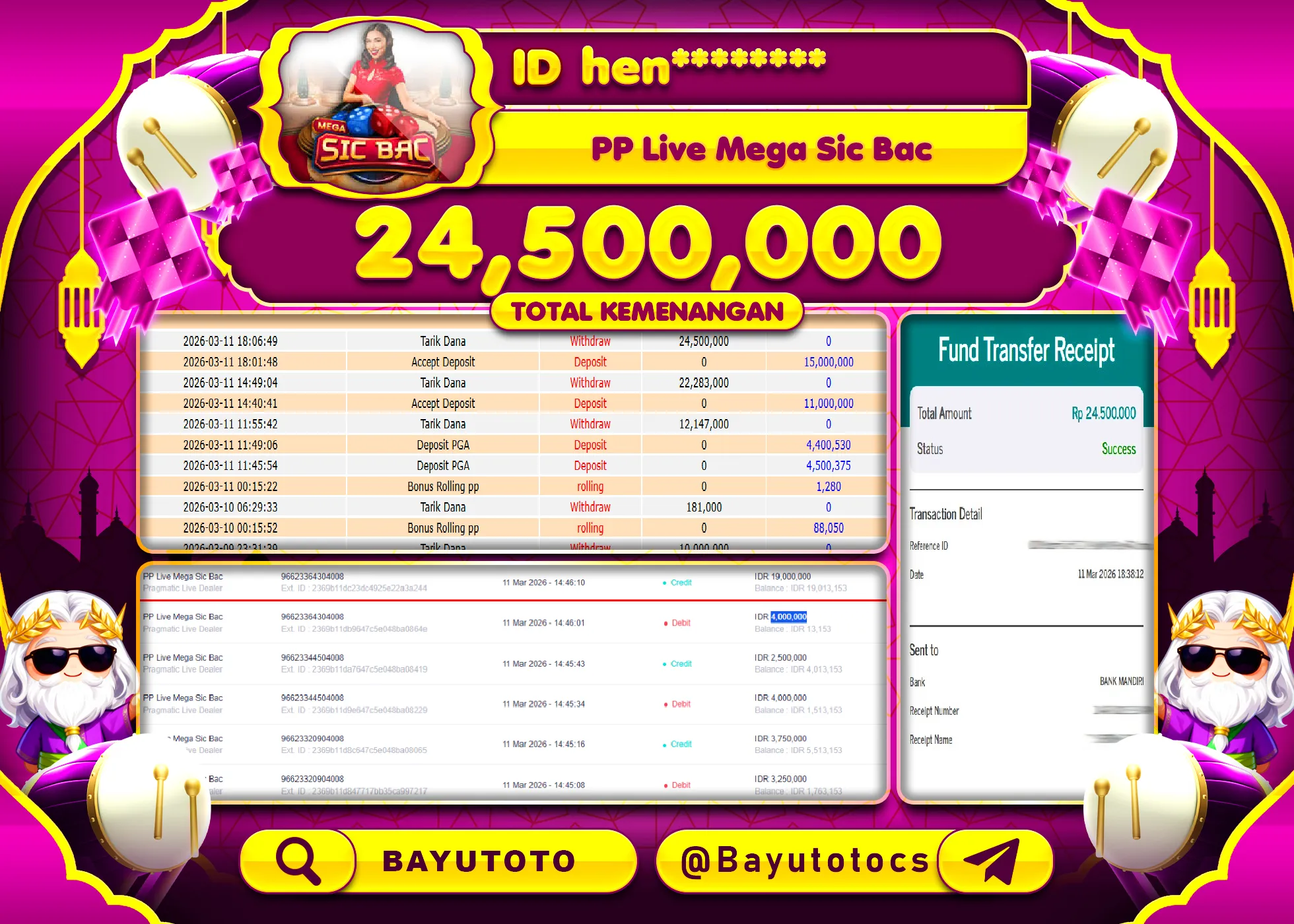 SELAMAT MEMBER SETIA BAYUTOTO JACKPOT DI PP LIVE MEGA SIC BAC Rp. 24,500,000 LUNAS