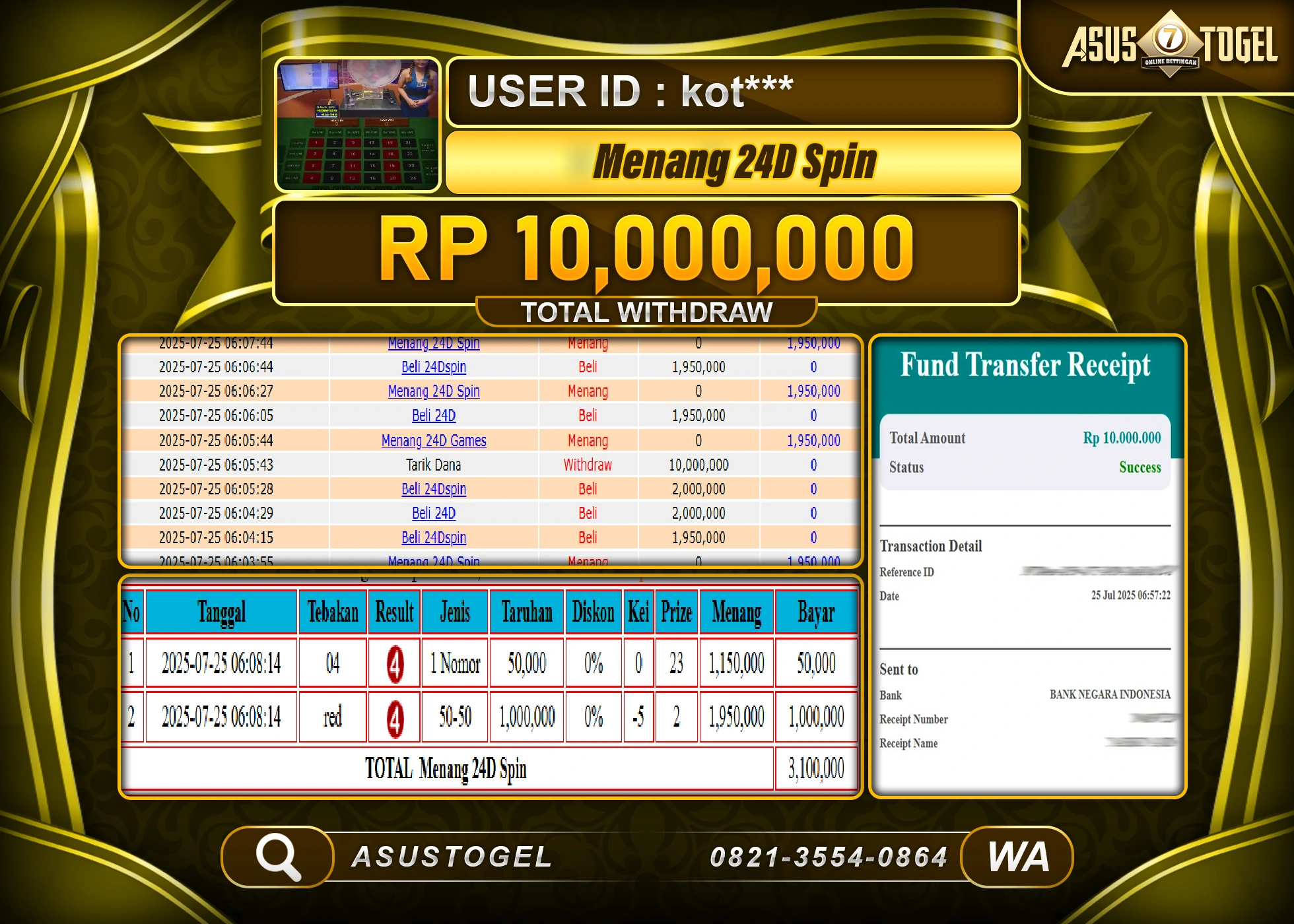 ASUSTOGEL KEMENANGAN DI LIVEGAME 24D GAMES SEBESAR 10,000,000- RUPIAH LUNAS