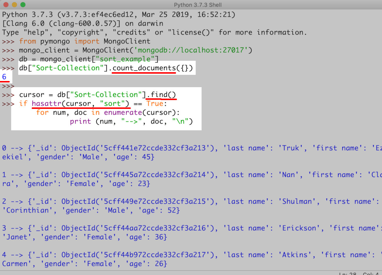 Screenshot of Python's IDLE getting the documents in a MongoDB collection and checking find() for the sort() attribute