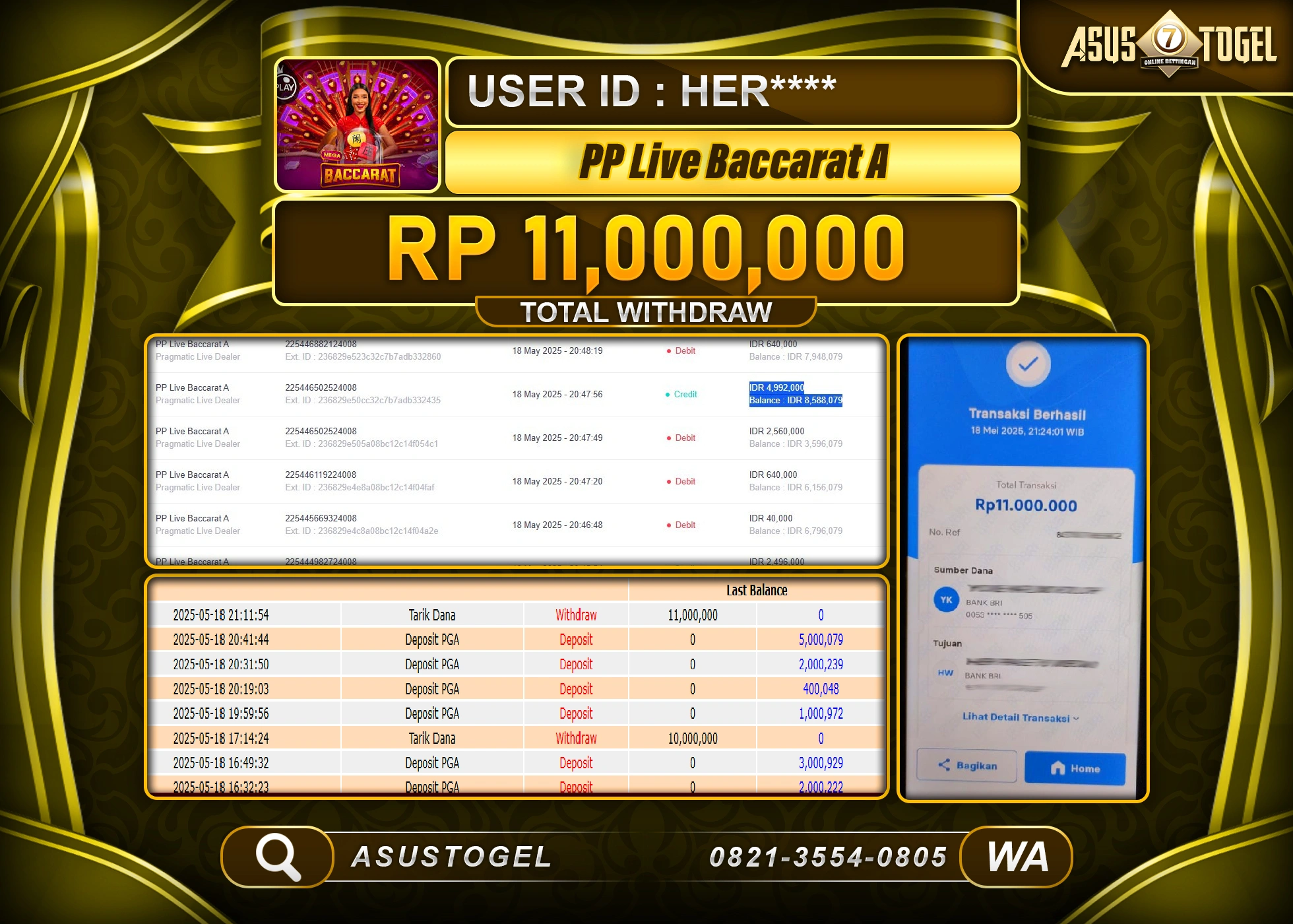  ASUSTOGEL KEMENANGAN DI PP LIVE BACCARAT A SEBESAR 11,000,000- RUPIAH LUNAS
