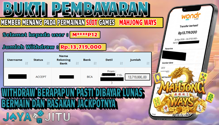 🏆 BUKTI KEMENANGAN SLOT MAHJONG WAYS MEMBER  JAYAJITU🏆