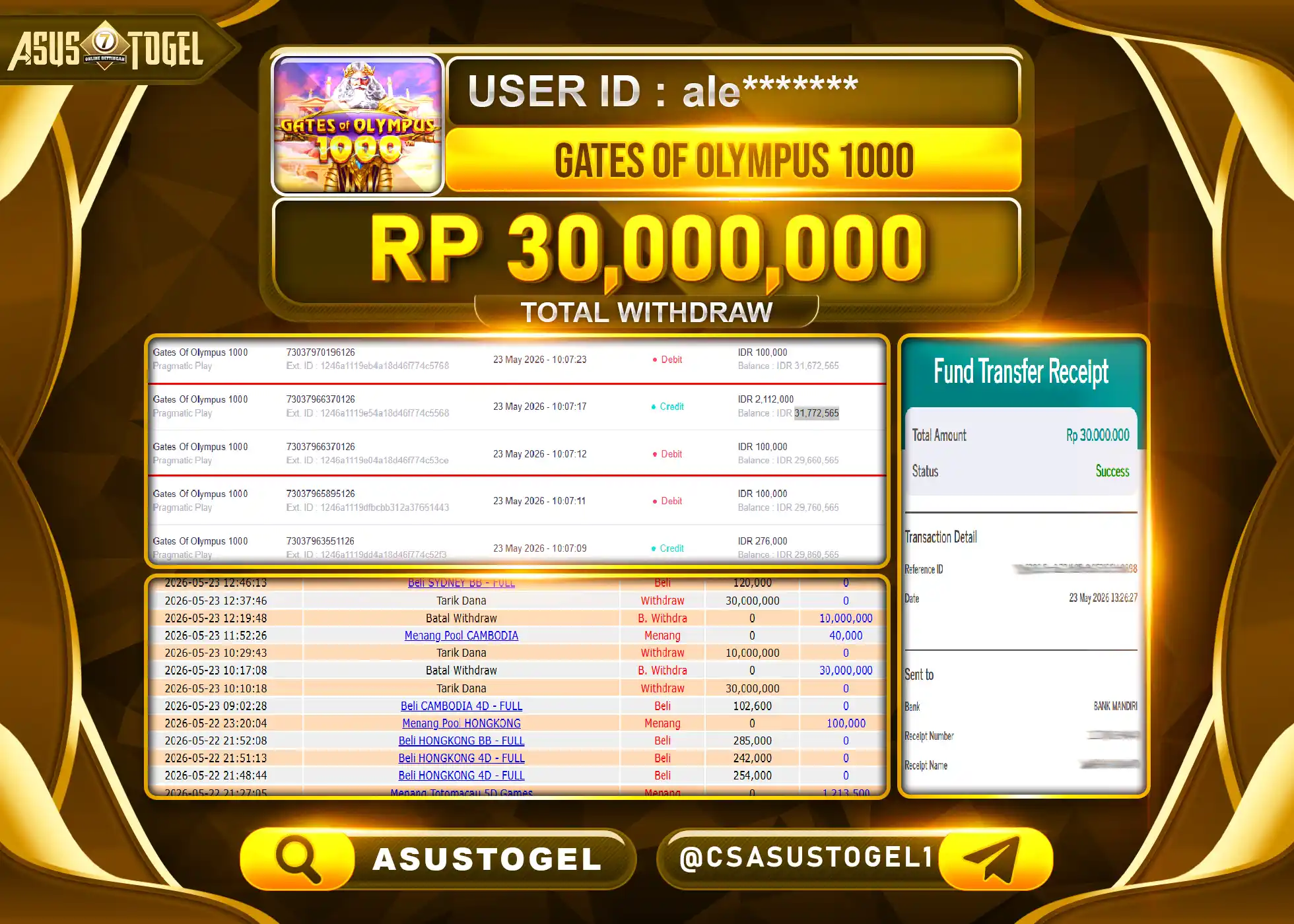 ASUSTOGEL KEMENANGAN JACKPOT DI PERMAINAN GATES OF OLYMPUS 1000 SEBESAR Rp.30,000,000 - RUPIAH LUNAS