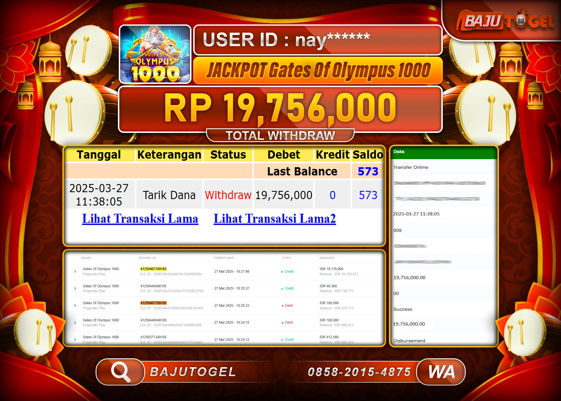 BAJUTOGEL KEMENANGAN GATES OF OLYMPUS 1000 Rp.19.756.000 LUNAS