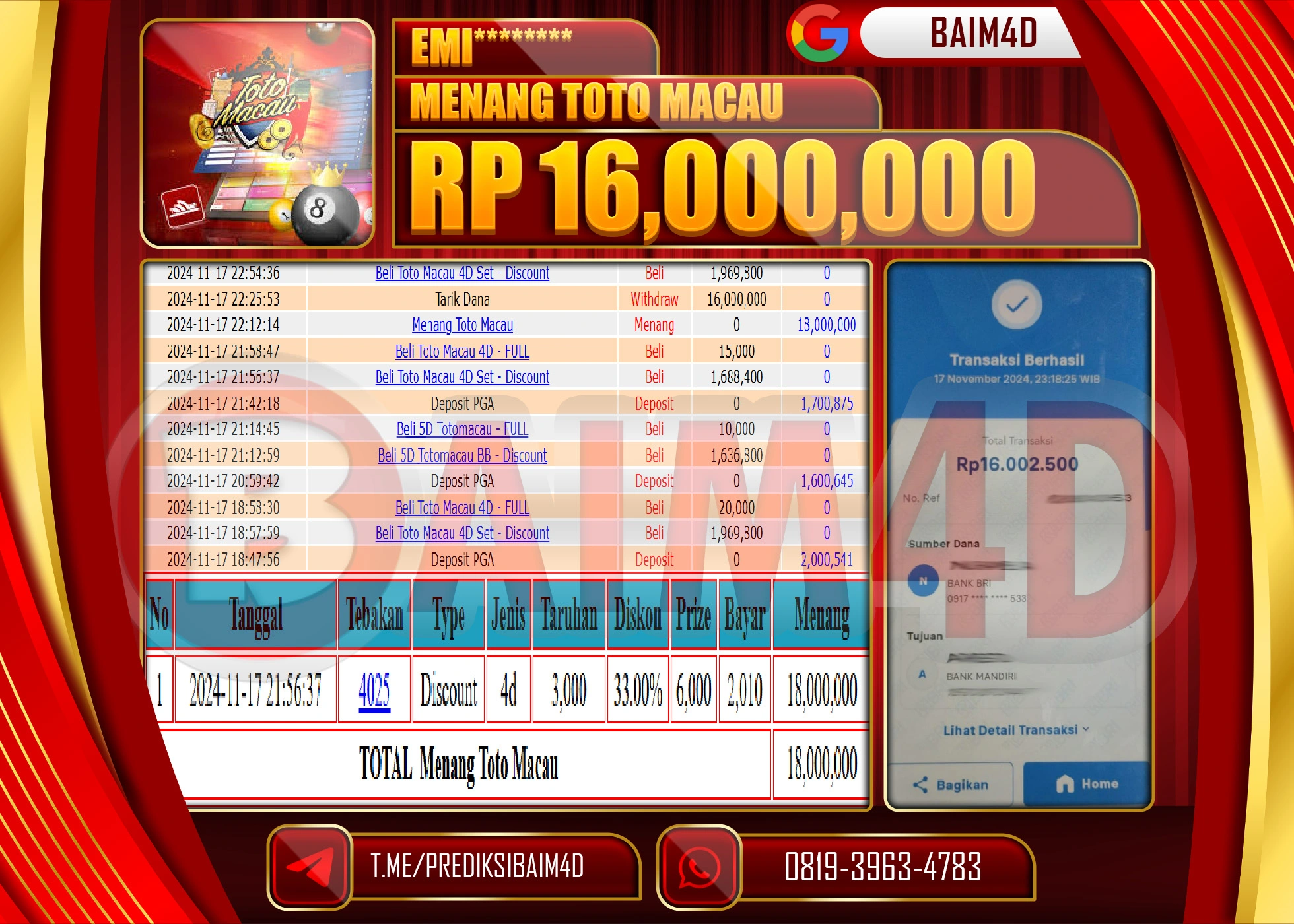 BAIM4D JACKPOT MENANG TOTO MACAU POOLS Rp.16.000,000.- LUNAS