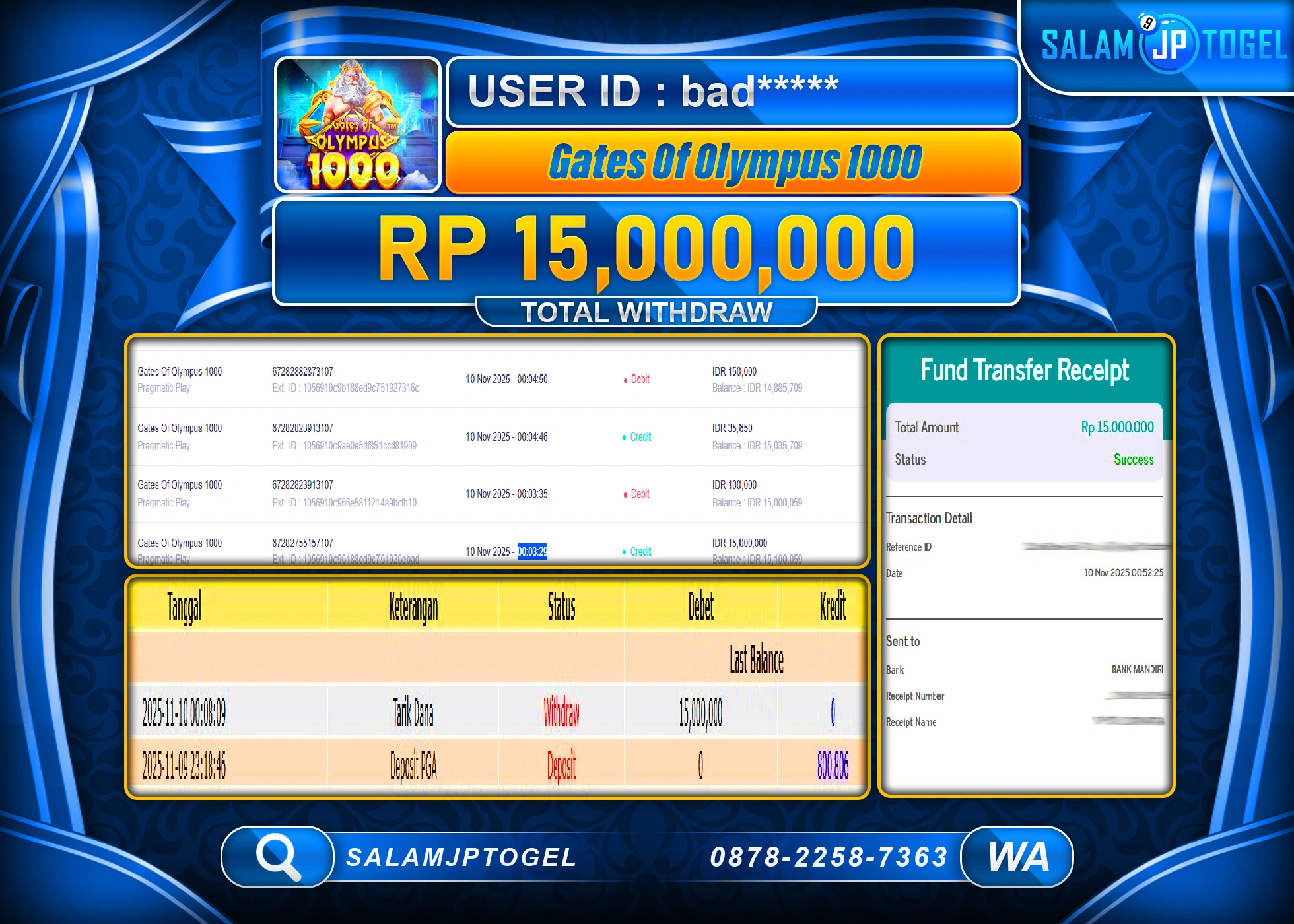 SALAMJPTOGEL MENANG GATES OF OLYMPUS 1000 Rp.15,000,000  - LUNAS