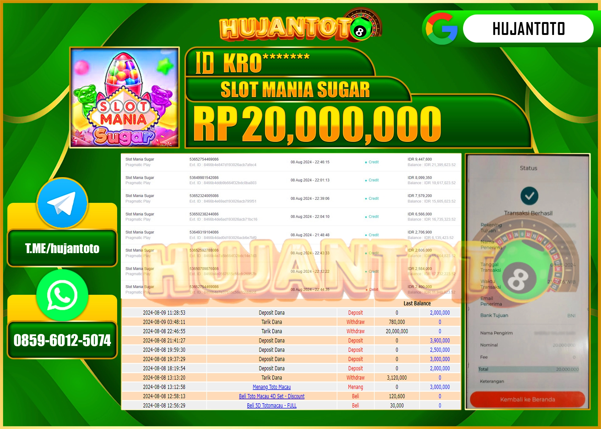 HUJANTOTO MENANG BESAR DI PERMAINAN SLOT PRAGMATIC MANIA SUGAR 13.040.000 - LUNAS 