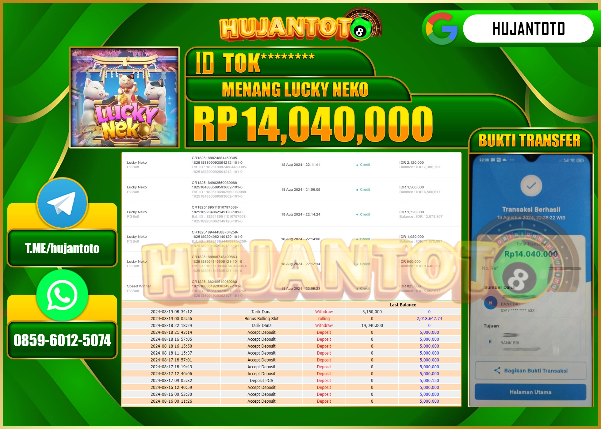 HUJANTOTO MENANG BESAR DI PERMAINAN SLOT LUCKY NEKO (PG SOFT) 14.040.000 - LUNAS 
