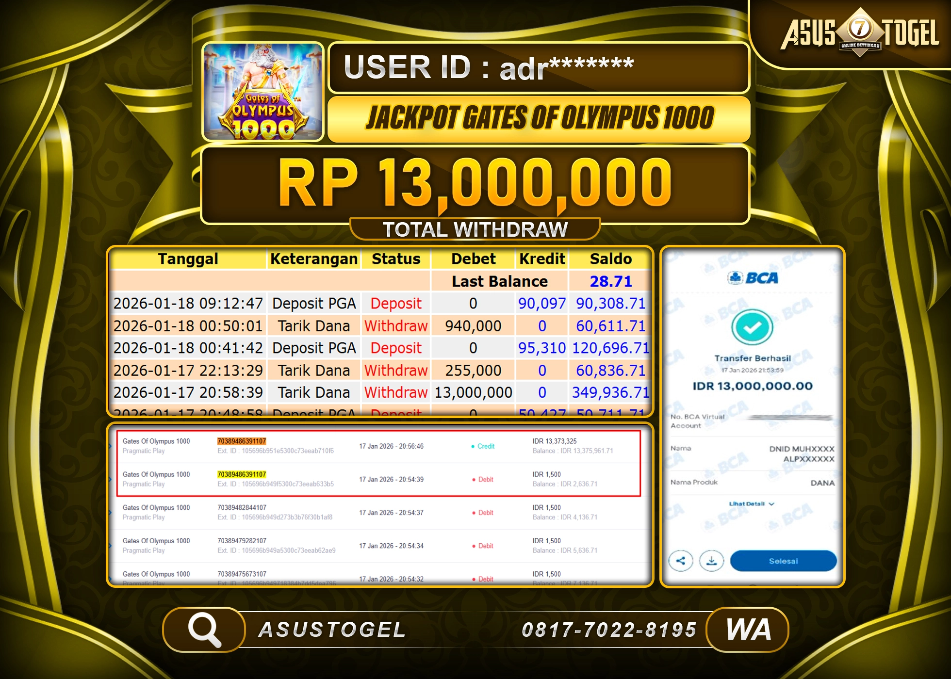 ASUSTOGEL KEMENANGAN DI SLOT GATES OF OLYMPUS 1000 SEBESAR 13,000,000 - RUPIAH LUNAS