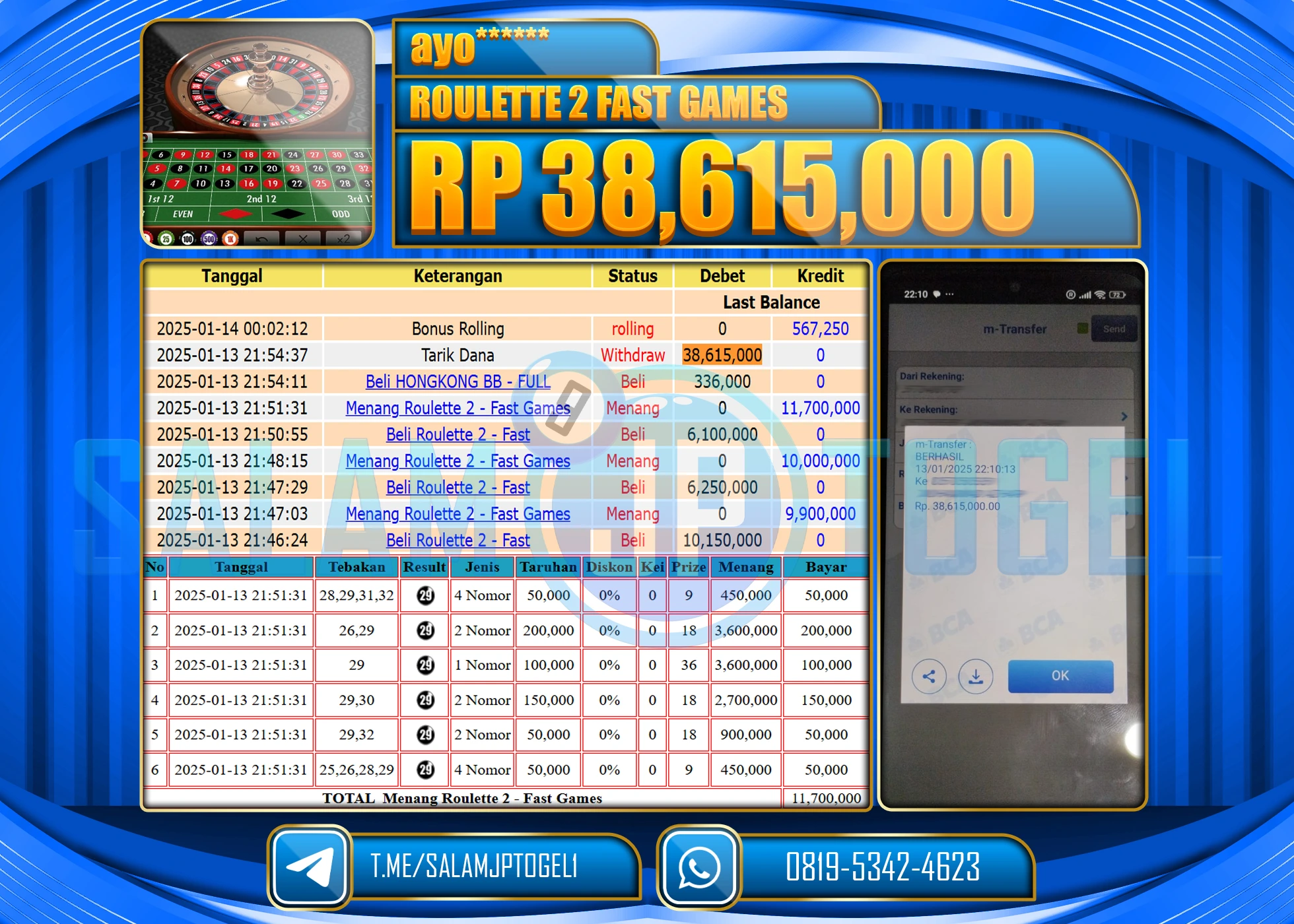 SALAMJPTOGEL MENANG ROULETTE 2 FAST GAMES Rp.38,615,000 LUNAS