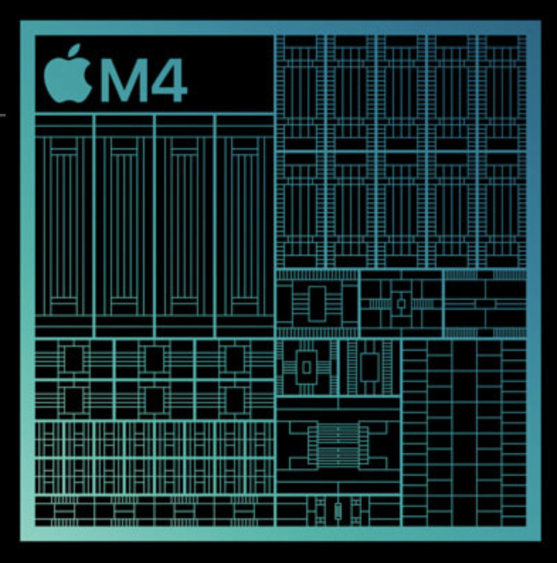 Appleロゴと「M4」の文字が配置されている。画像上部には「Apple Intelligence × M4チップで快適操作」という見出しがあり、M4チップの高い処理性能や省電力設計、そしてApple Intelligenceによる作業効率の向上について説明するテキストが添えられている