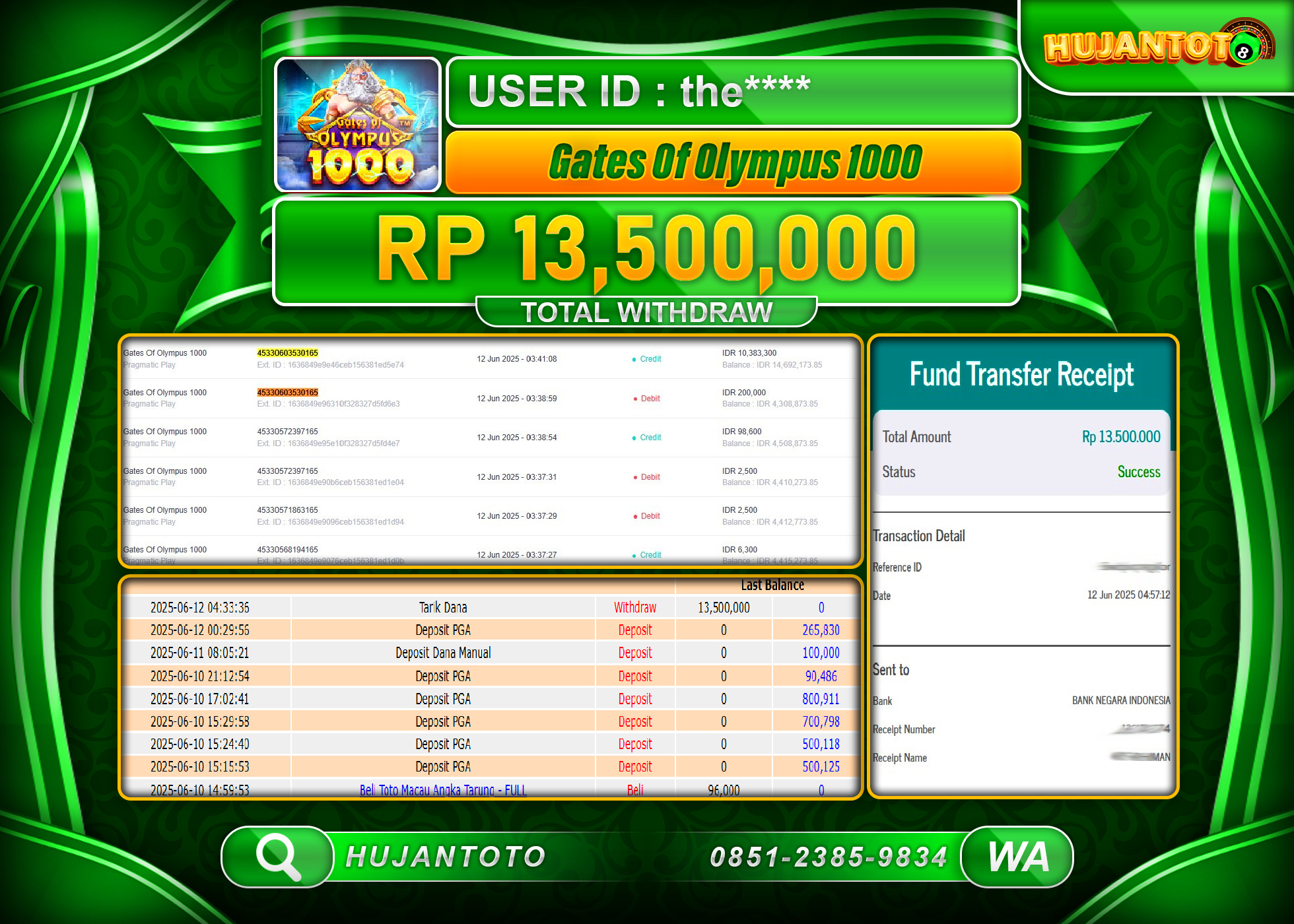 HUJANTOTO - BUKTI JACKPOT MENANG SLOT GATES OF OLYMPUS 1000 Rp.13,500,000  - TERBAYAR LUNAS