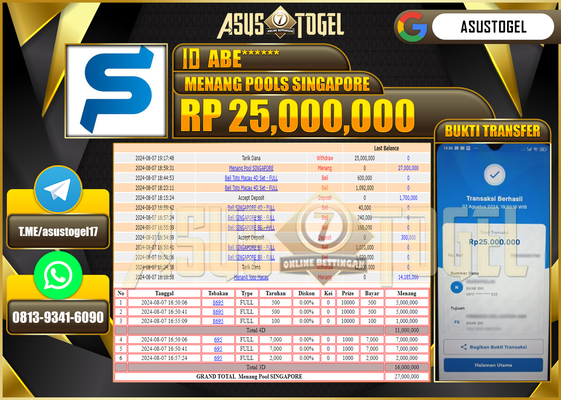 ASUSTOGEL KEMENANGAN      DI      MENANG    POLLS SINGAPORE    SEBESAR 25,000,000- RUPIAH LUNAS