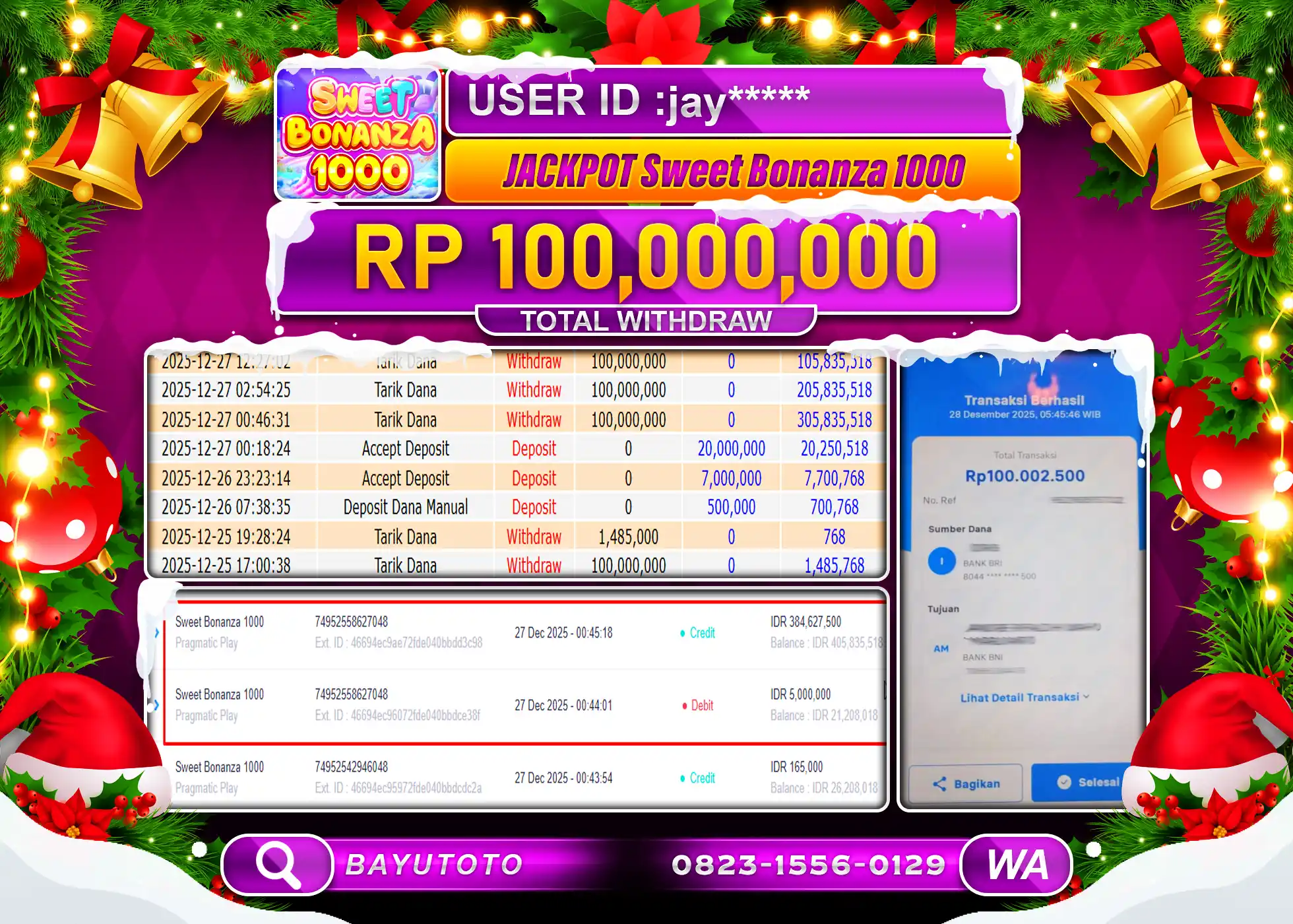 SELAMAT MEMBER SETIA BAYUTOTO JACKPOT DI SLOT SWEET BONANZA 1000 Rp. 100,000,000 LUNAS