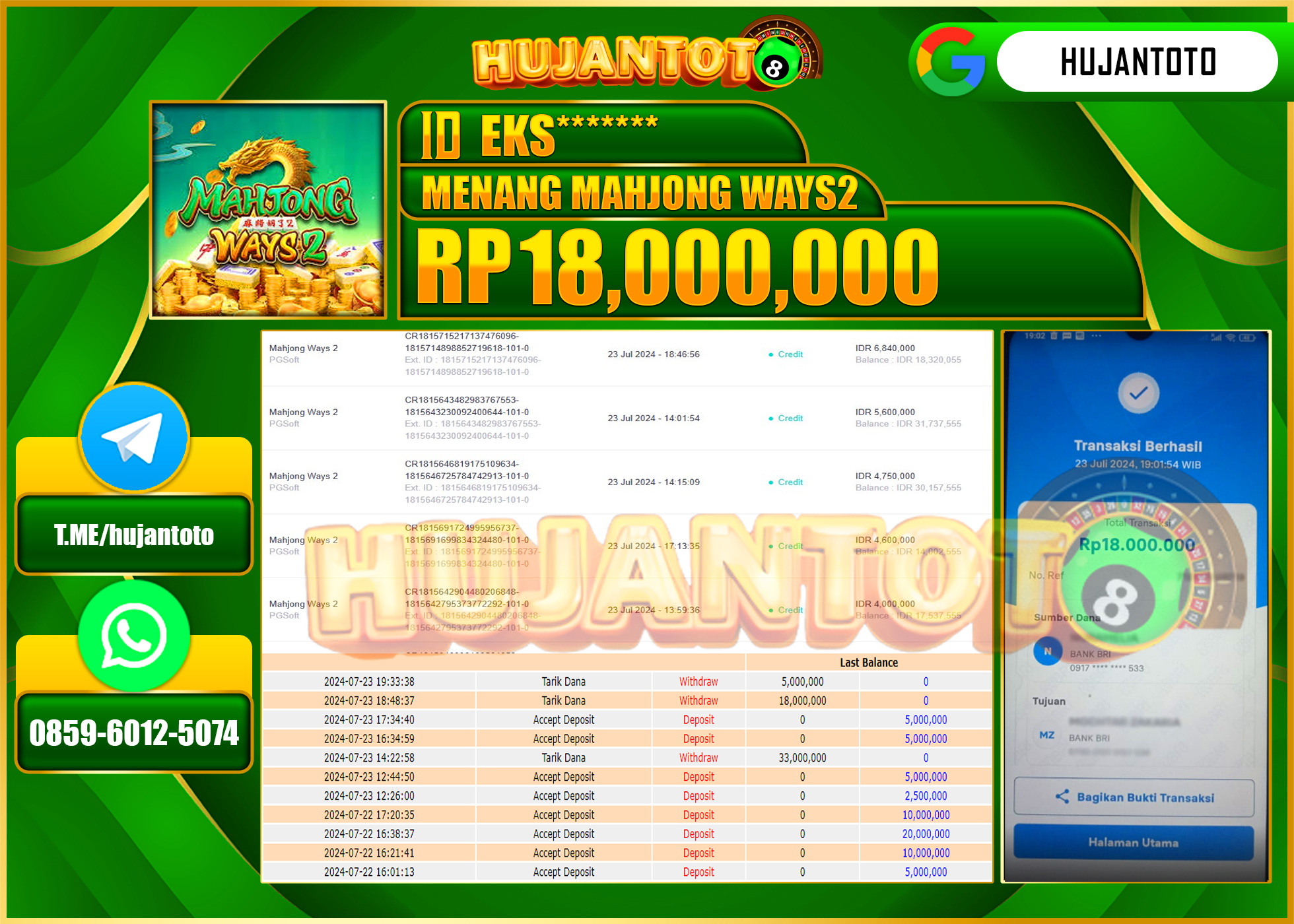 HUJANTOTO MENANG PERMAINAN SLOT MAHJONG WAYS 2  18.000.000 - LUNAS 