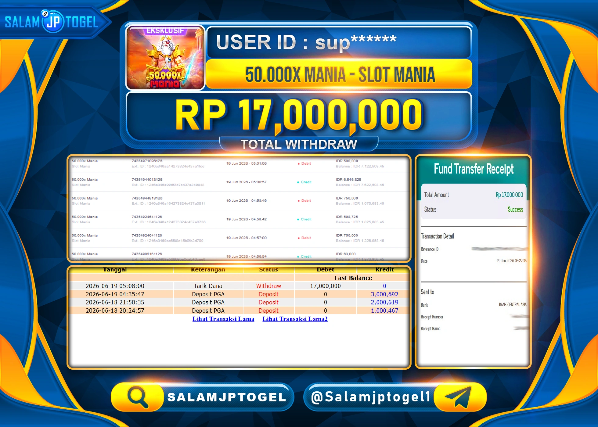 SALAMJPTOGEL JACKPOT MENANG SLOT 15.000X MANIA SLOT MANIA Rp.17,000,000 - LUNAS