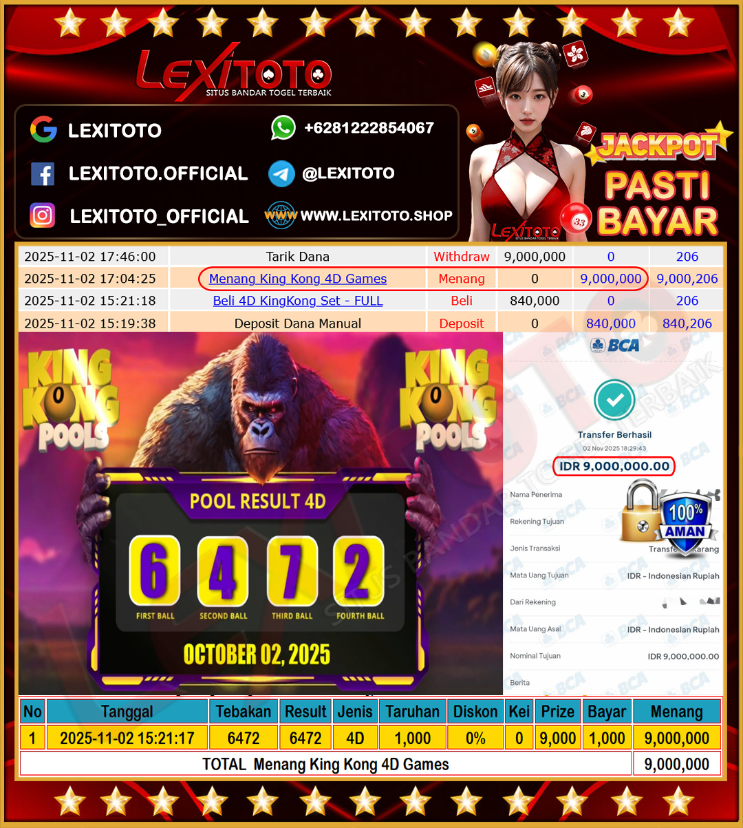 LEXITOTO JACKPOT TOGEL KING KONG 4D Rp.9.000.000 ,- LUNAS