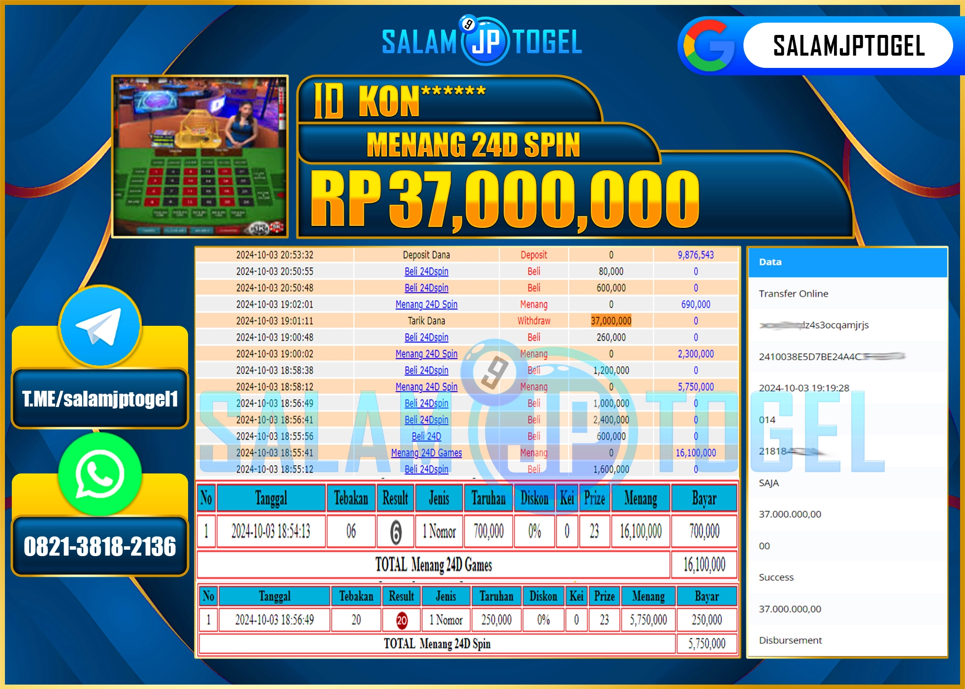 SALAMJPTOGEL MENANG LIVEGAMES 24D Spin RP. 37,000,000 LUNAS
