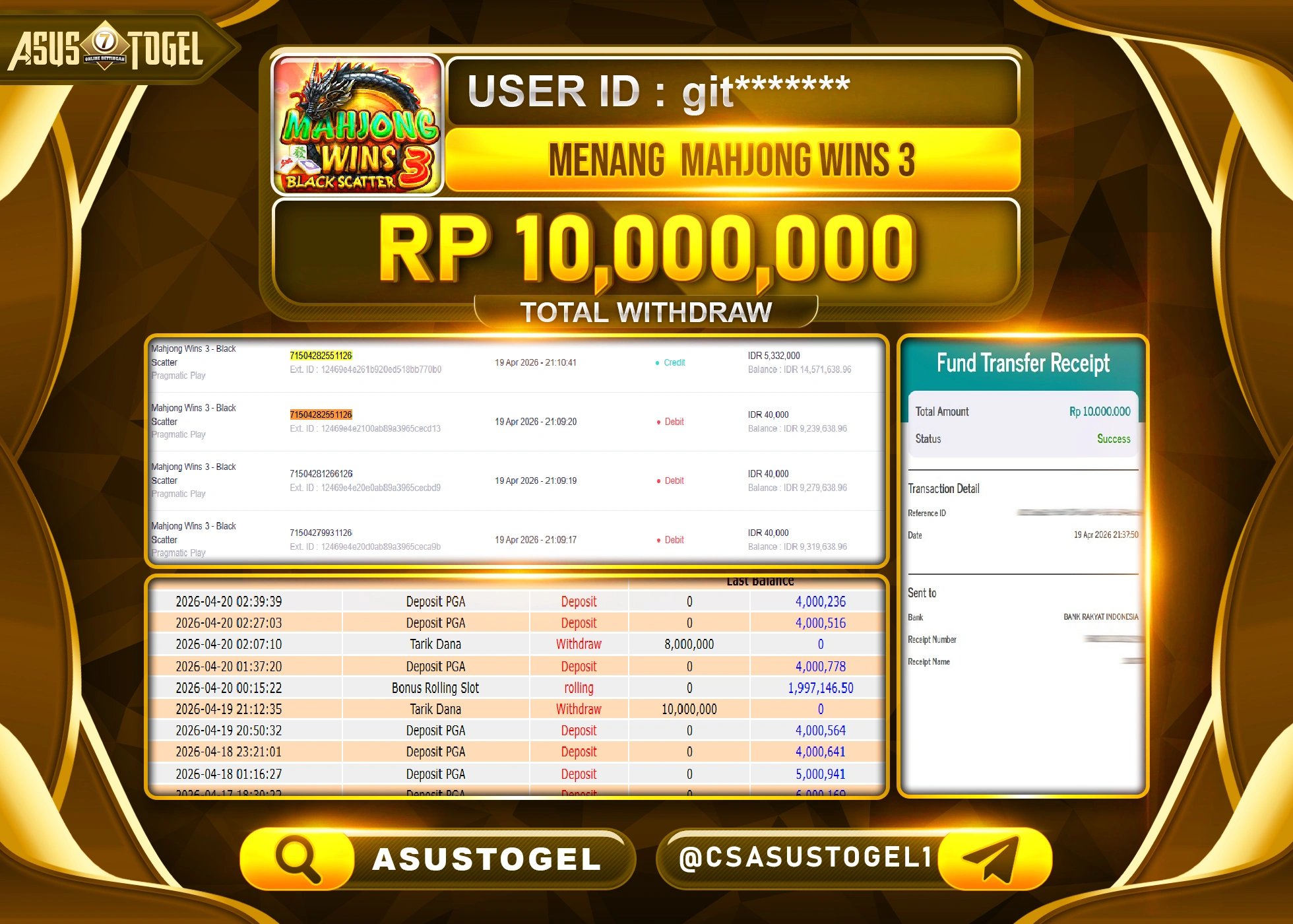 ASUSTOGEL KEMENANGAN JACKPOT DI PERMAINAN MAHJONG WINS 3  SEBESAR Rp.10,000,000 - RUPIAH LUNAS