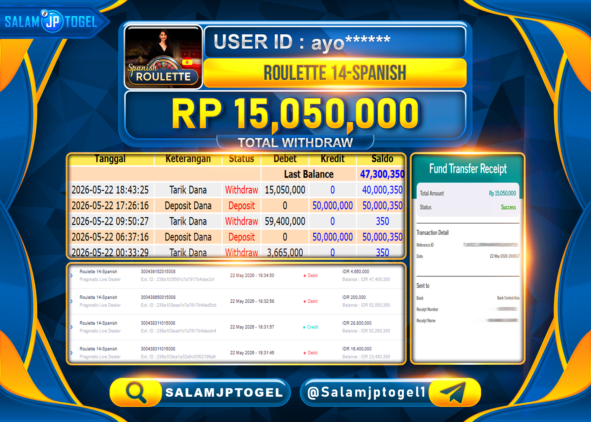 SALAMJPTOGEL JACKPOT Menang Roulette 14-Spanish LIVE GAME Rp.15,050,000 - LUNAS