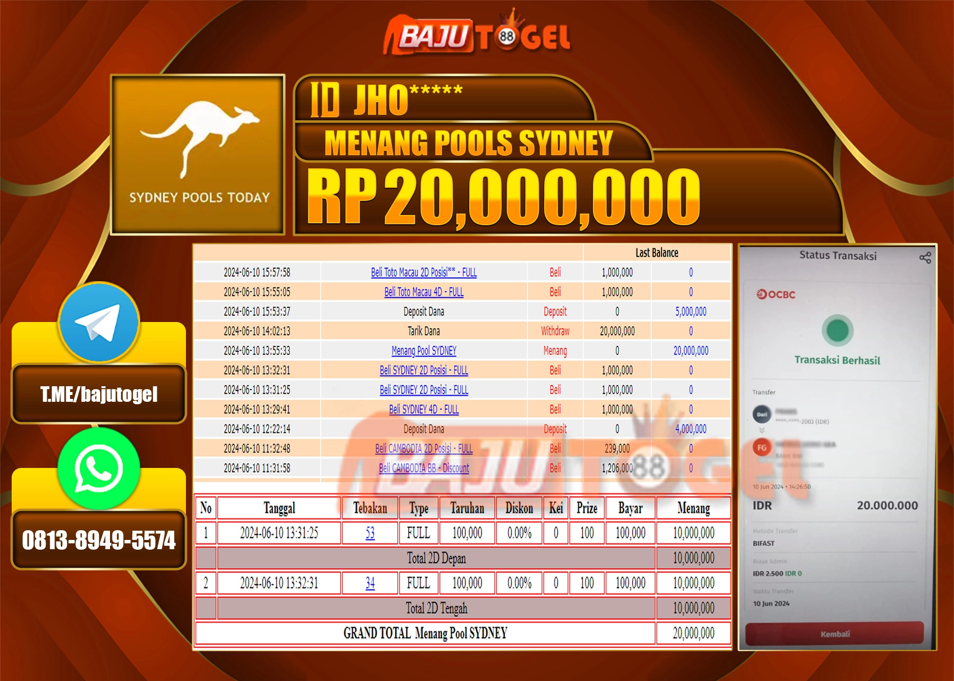 BAJUTOGEL MENANG PASARAN TOTO MACAU Rp.20.000.000 LUNAS