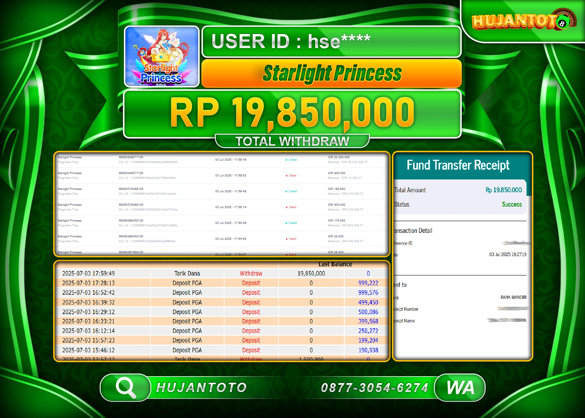 HUJANTOTO - BUKTI JACKPOT MENANG SLOT STARLIGHT PRINCESS Rp.19,850,000 - TERBAYAR LUNAS