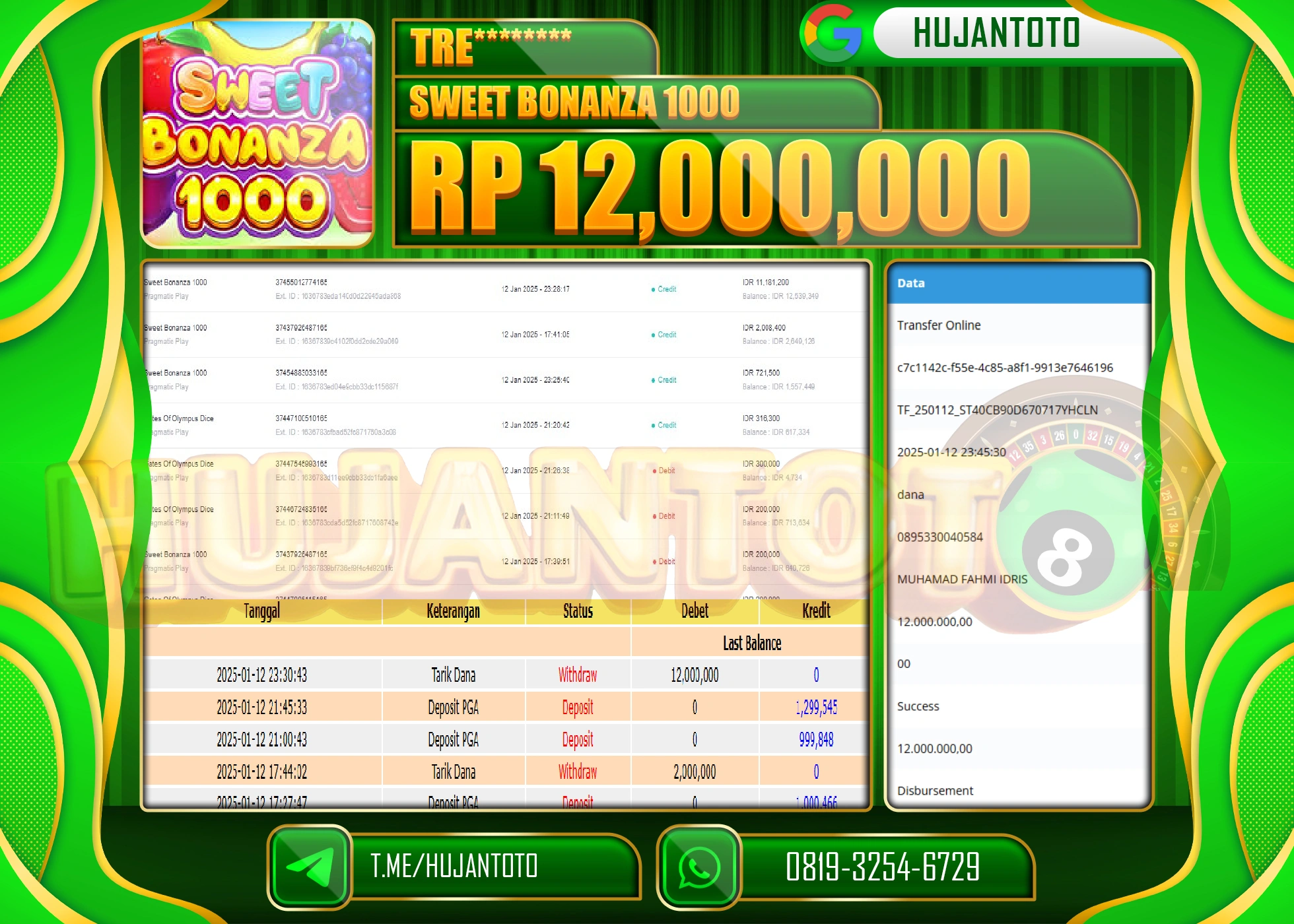 HUJANTOTO - BUKTI JACKPOT DI PERMAINAN SLOT SWEET BONANZA 1000 Rp. 12,000,000 - TERBAYAR LUNAS