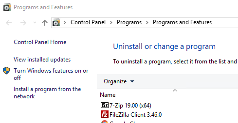 Programs and Features Left Side-bar