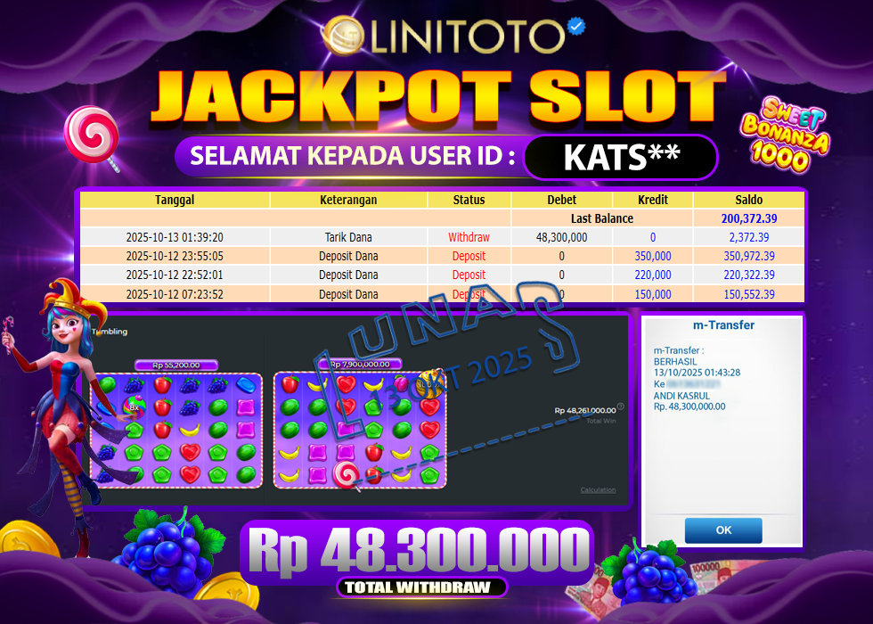 LINITOTO JACKPOT SLOT Sweet Bonanza 1000 Rp.48.300.000- LUNAS