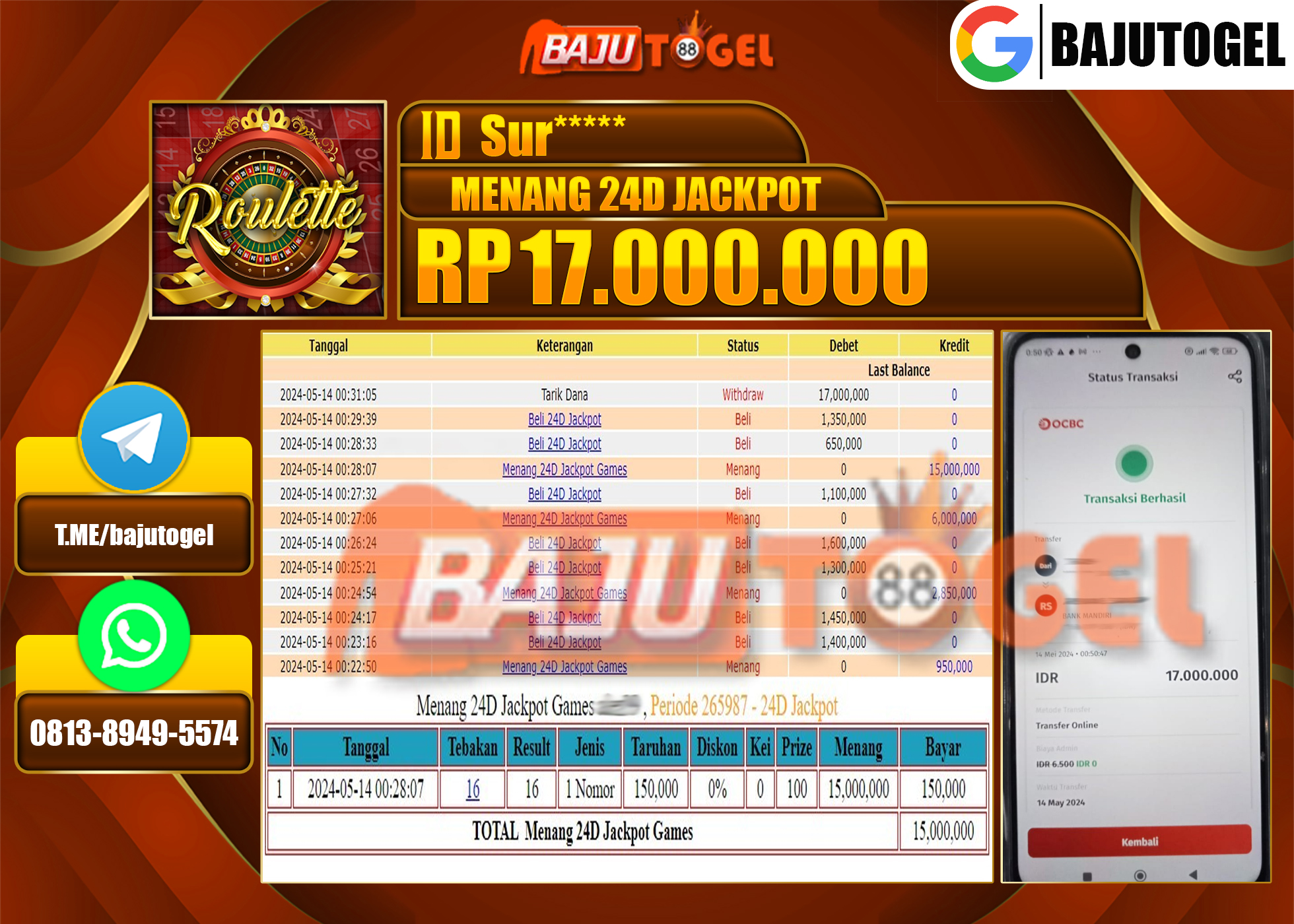 BAJUTOGEL JACKPOT LIVE CASINO ROULETTE Rp.17.000.000 LUNAS