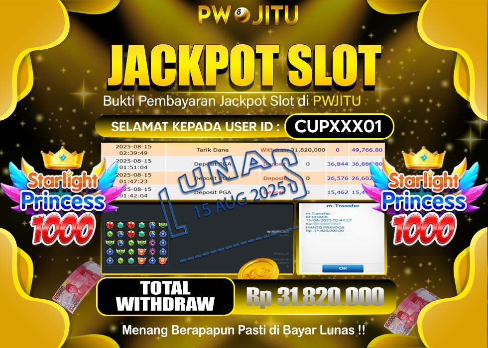 PWJITU JACKPOT SLOT STARLIGHT PRINCESS 1000  Rp.31.820.000,- LUNAS