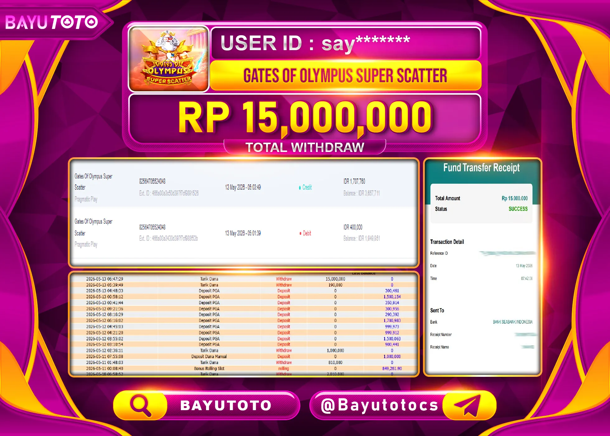MEMBER SETIA BAYUTOTO JACKPOT DI SLOT GATES OF OLYMPUS SUPER SCATTER Rp. 15,000,000 LUNAS