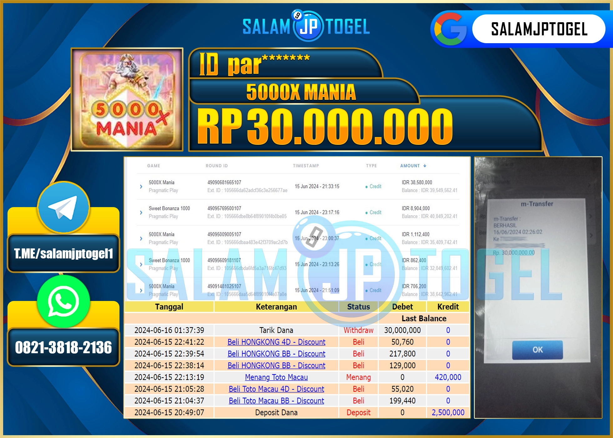SALAMJPTOGEL MENANG 5000X MANIA RP. 30,000,000.,LUNAS