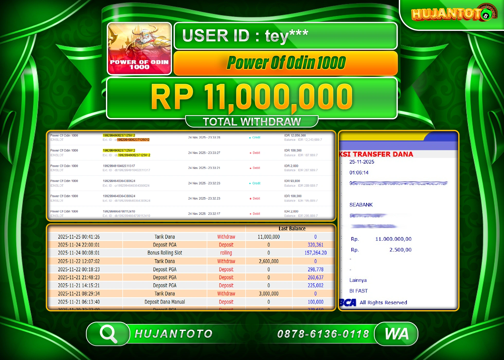 HUJANTOTO - BUKTI JACKPOT MENANG SLOT POWER OF ODIN 1000 Rp.11,000,000 - TERBAYAR LUNAS