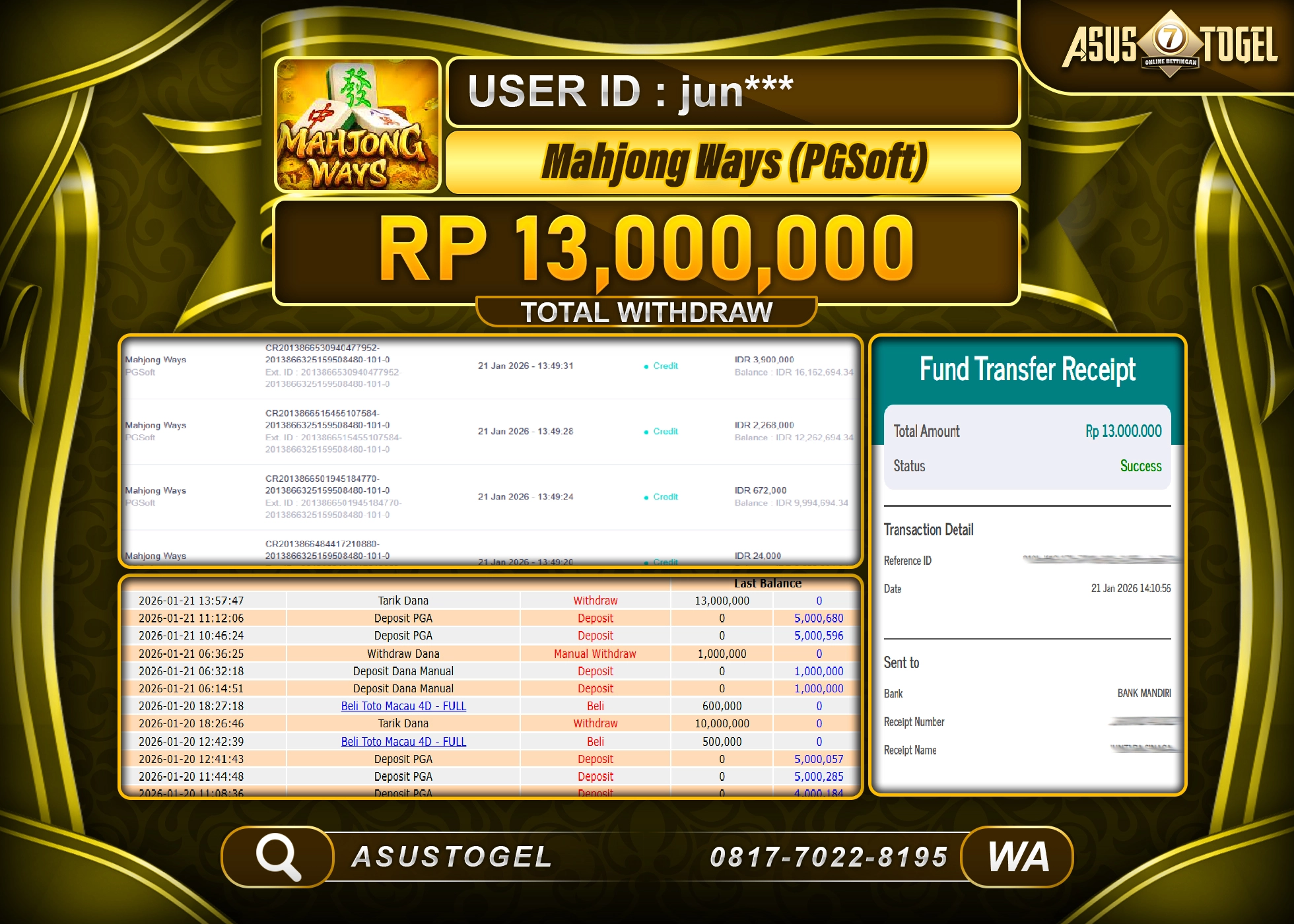 ASUSTOGEL KEMENANGAN DI SLOT MAHJONG WAYS SEBESAR 13,000,000 - RUPIAH LUNAS