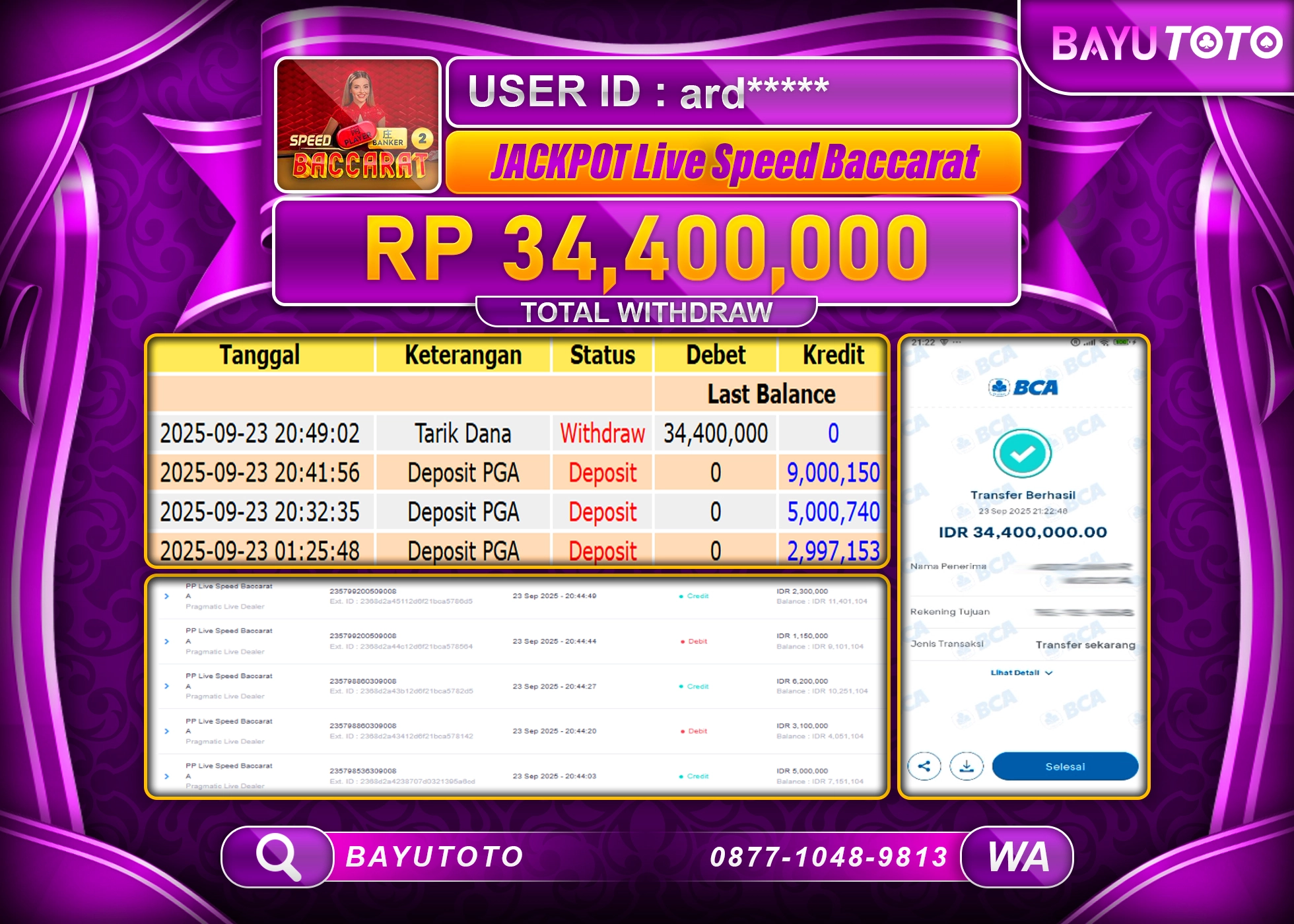 BAYUTOTO JACKPOT DI GAME  LIVEGAMES PP LIVE SPEED BACCARAT  Rp.34,400,000 LUNAS